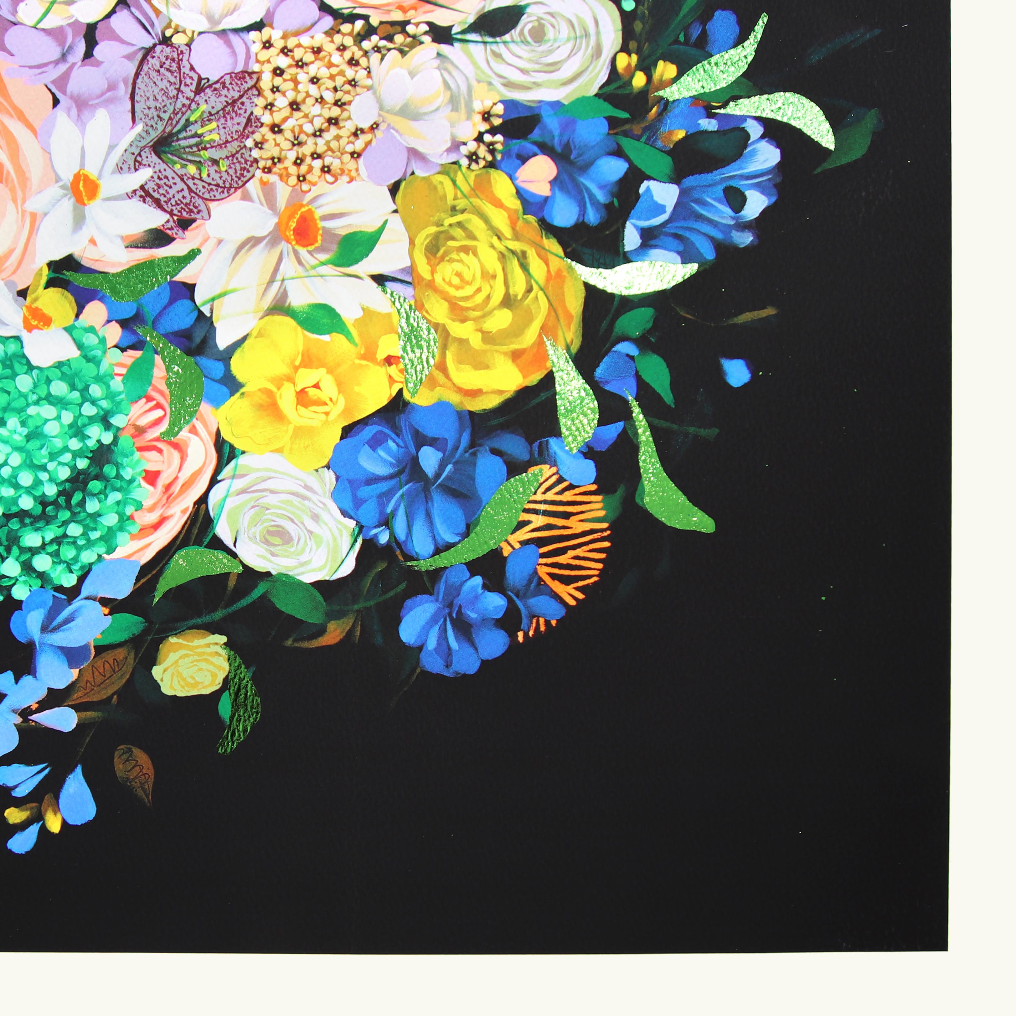Medianoche II-  Obra de Arte Original sobre Papel Floral Vibrante y Colorido de Sally K en venta 3