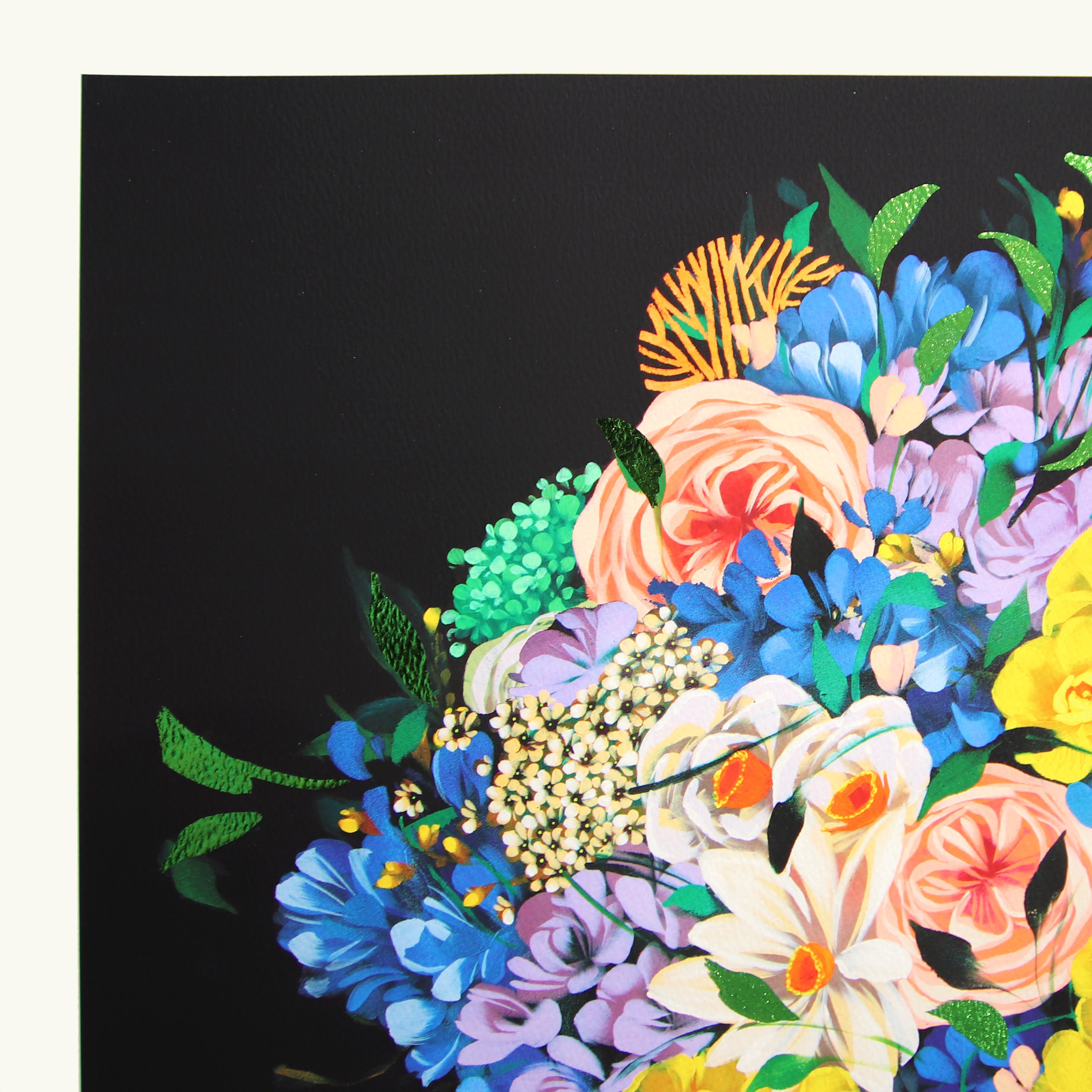 Medianoche II-  Obra de Arte Original sobre Papel Floral Vibrante y Colorido de Sally K en venta 4