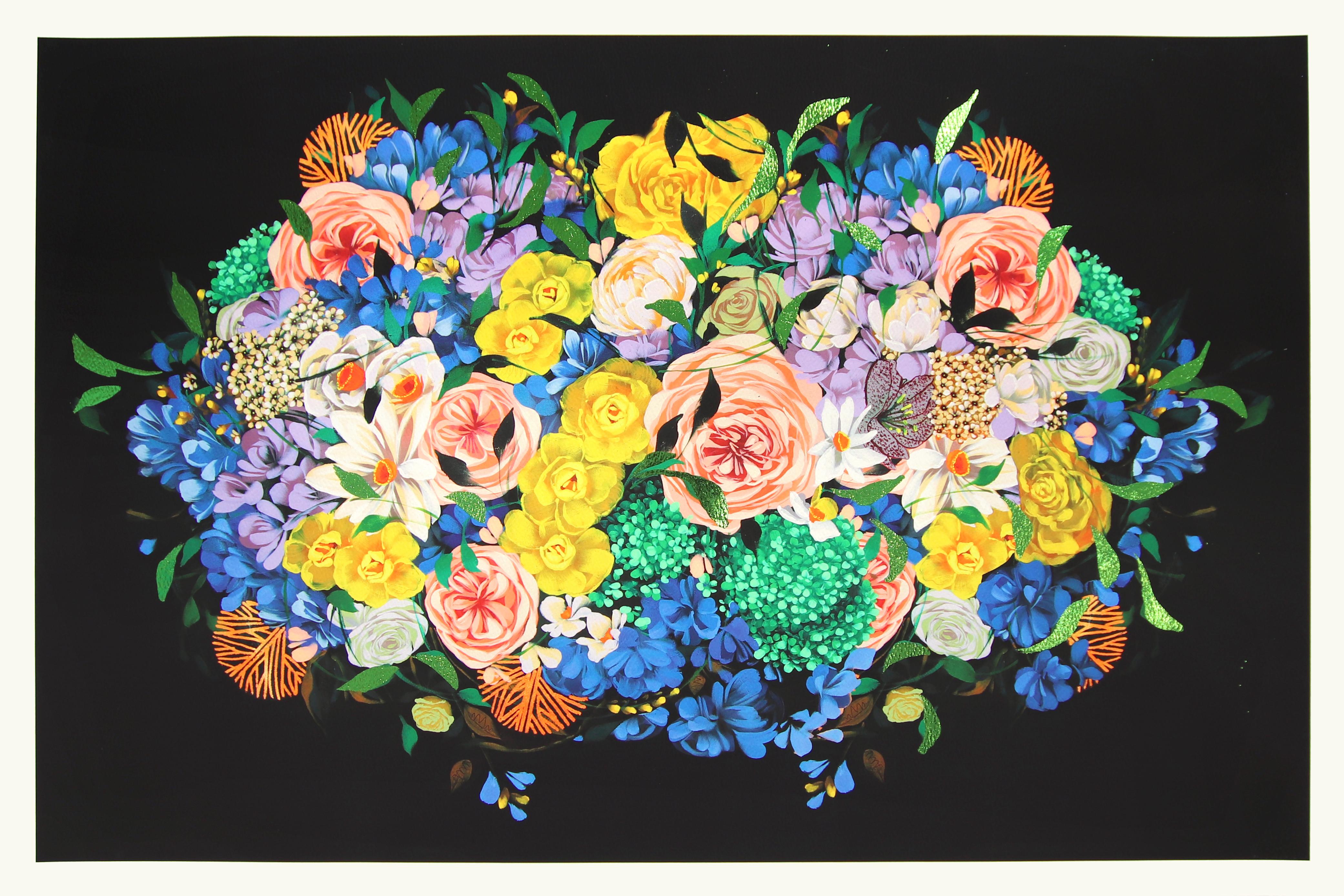 Minuit II-  Œuvre d'art originale sur papier Sally K à fleurs vibrantes et colorées