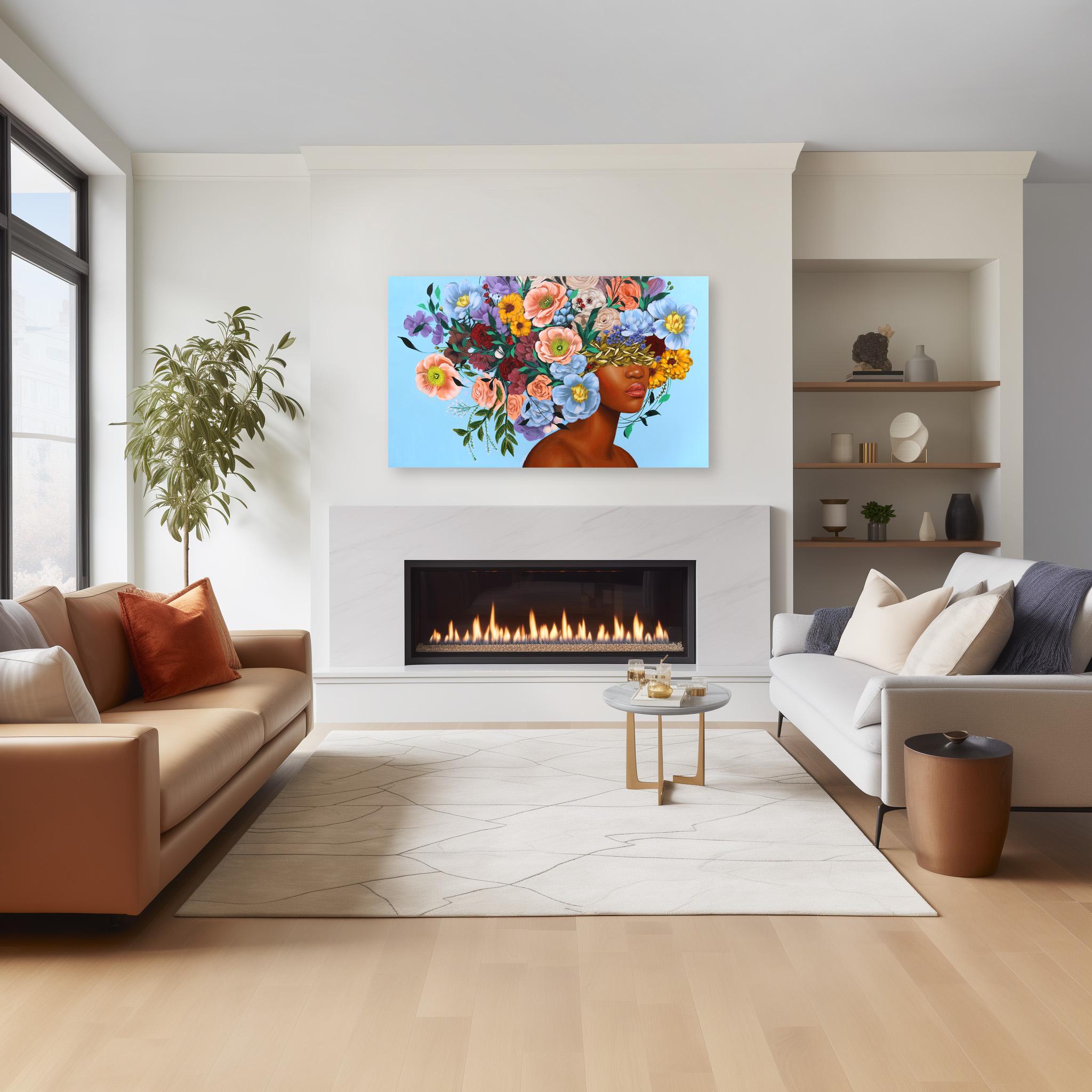 Azul cielo  -  Gran Obra de Arte Figurativa Original Vibrante Sally K en venta 1