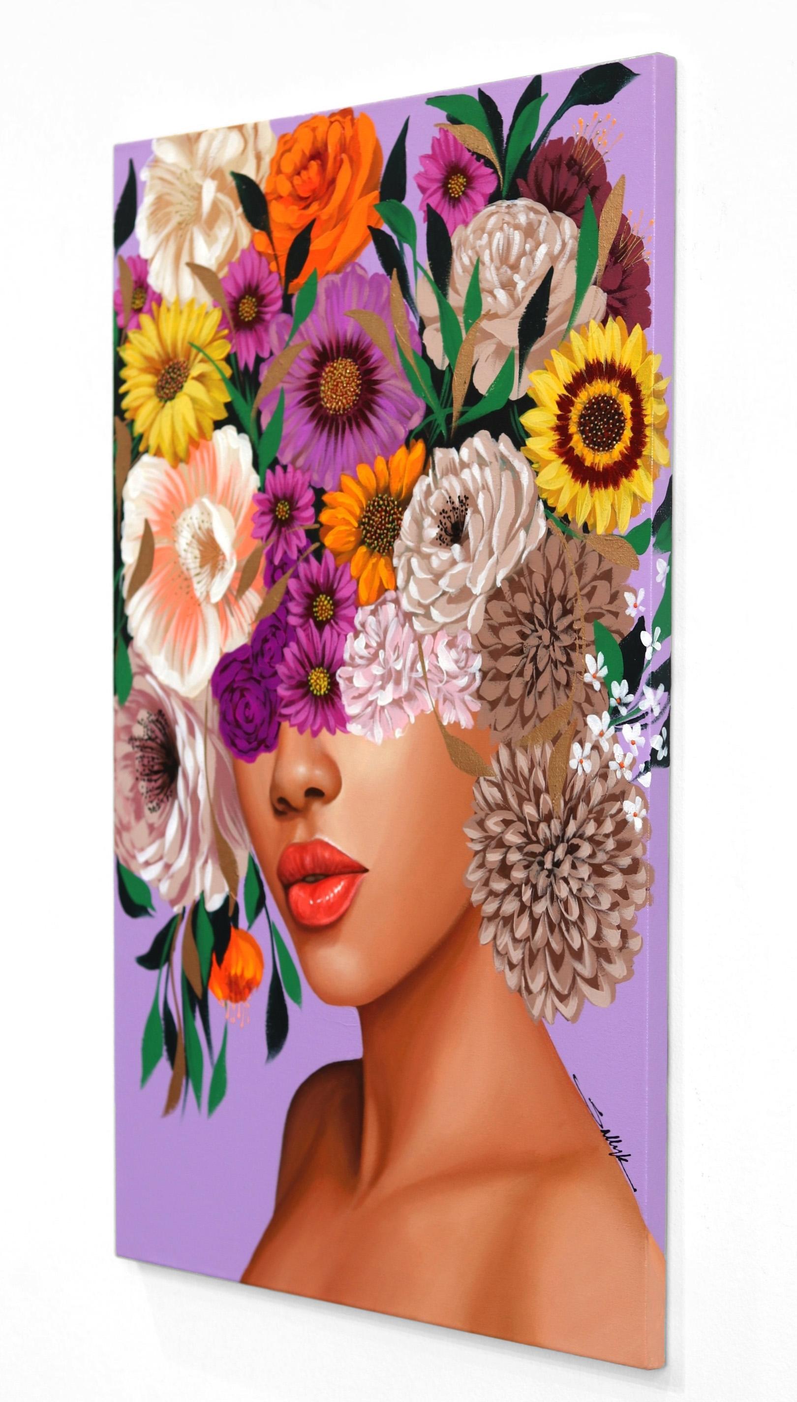 Violet - Original Colorful Sally K Figurative Pop Art Floral Painting on Canvas 1