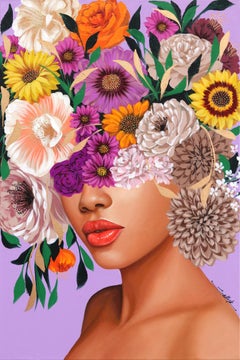 Violett – Originales farbenfrohes, figuratives Pop-Art-Blumengemälde auf Leinwand, Sally K