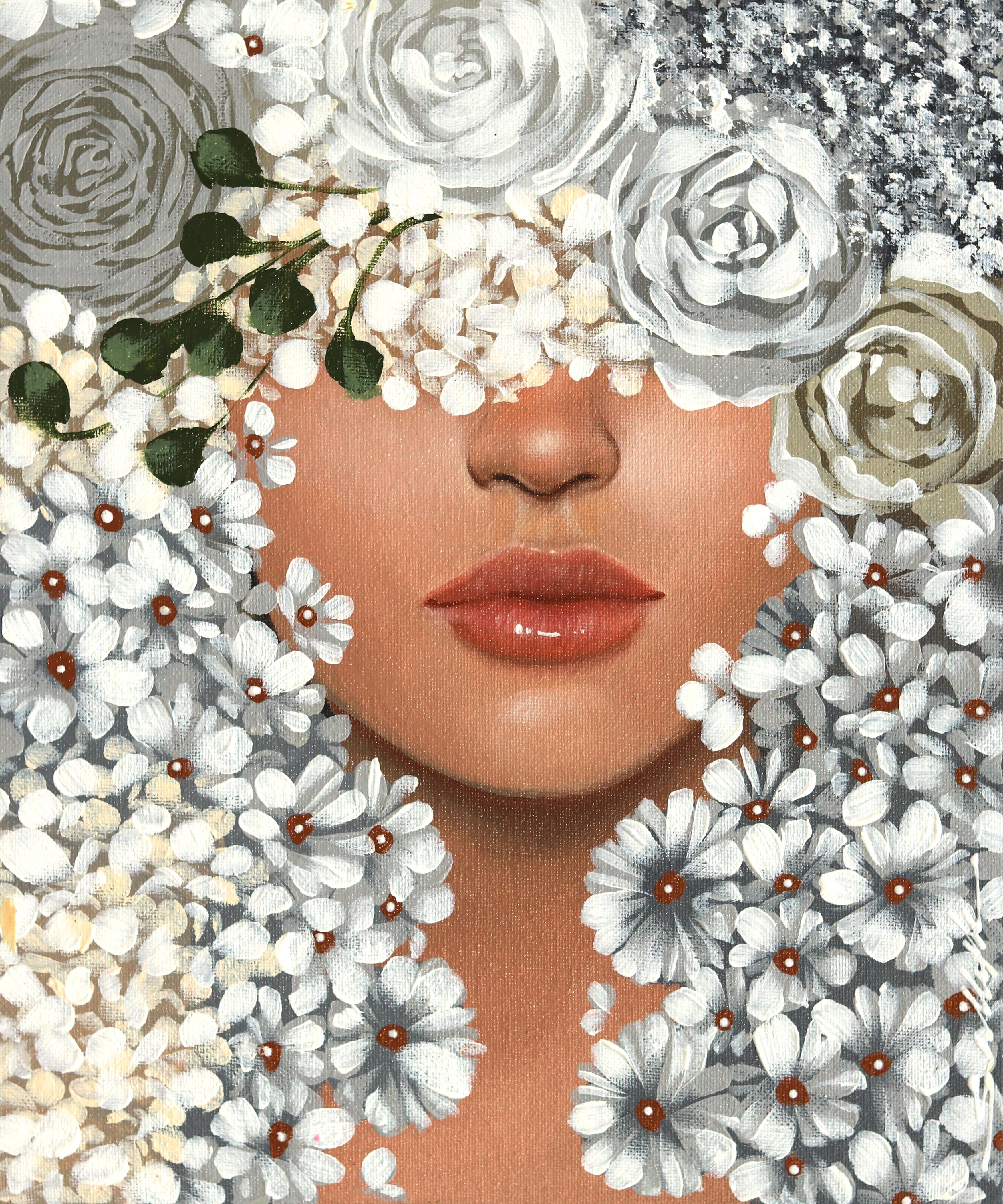 Gazing at Lebanese American artist Sally K's floral portrait is consuming and empowering. Inspired by strong, feminine women, she creates pop-realistic paintings that speak to the energetic female experience; one of individuality and inherent