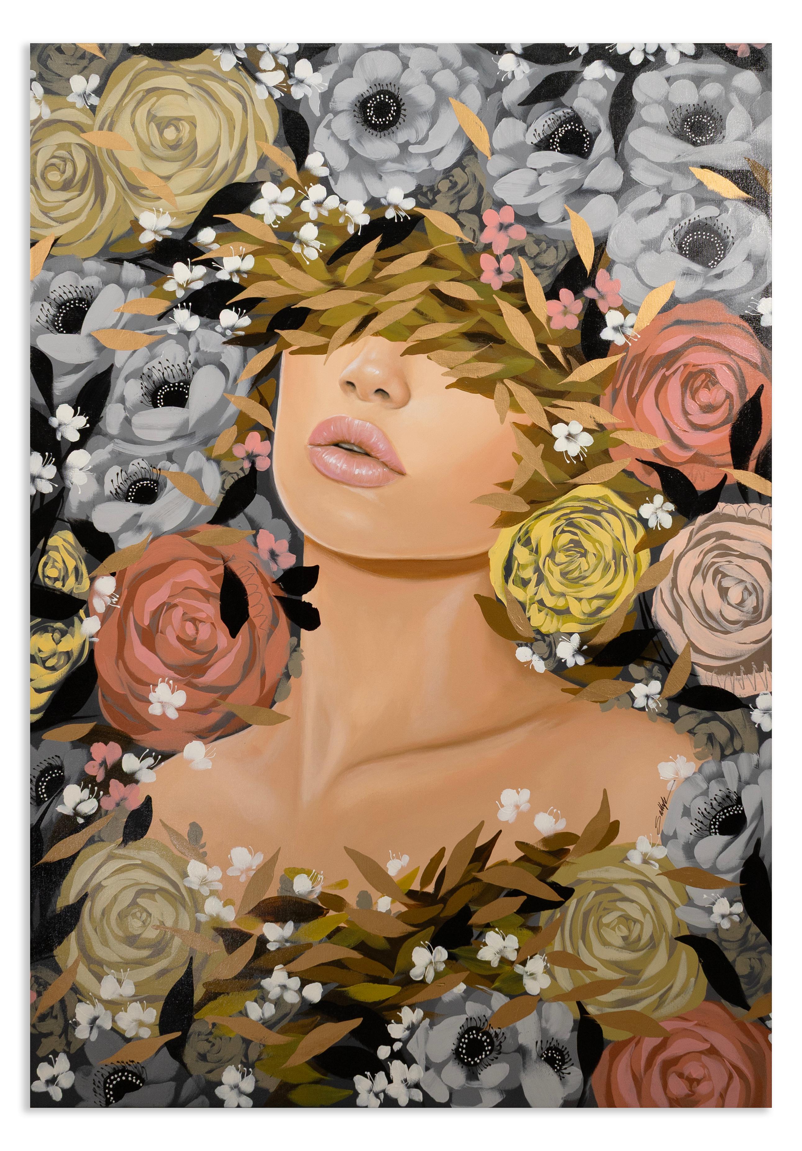 A contemporary floral portrait acrylic painting on canvas titled 
