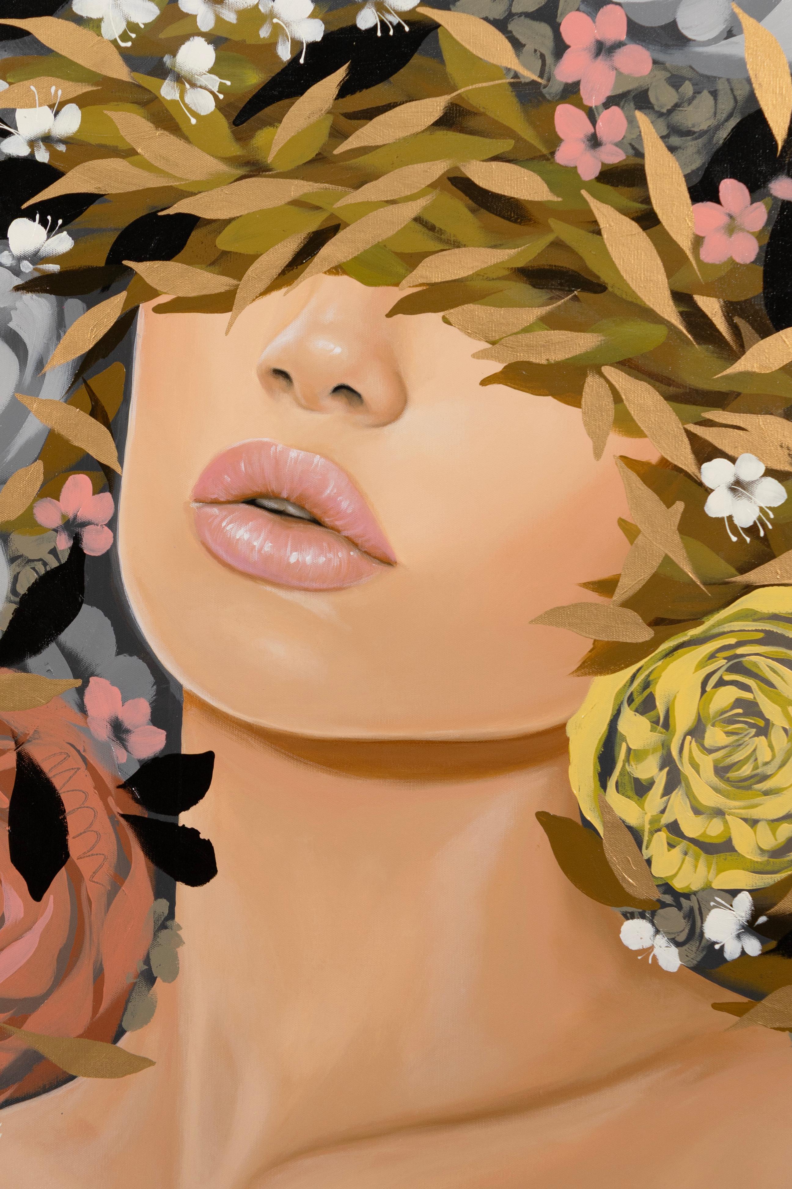 Romantico Sally Khoury Eleanor Signed Contemporary Floral Portrait Acrylic on Canvas in vendita