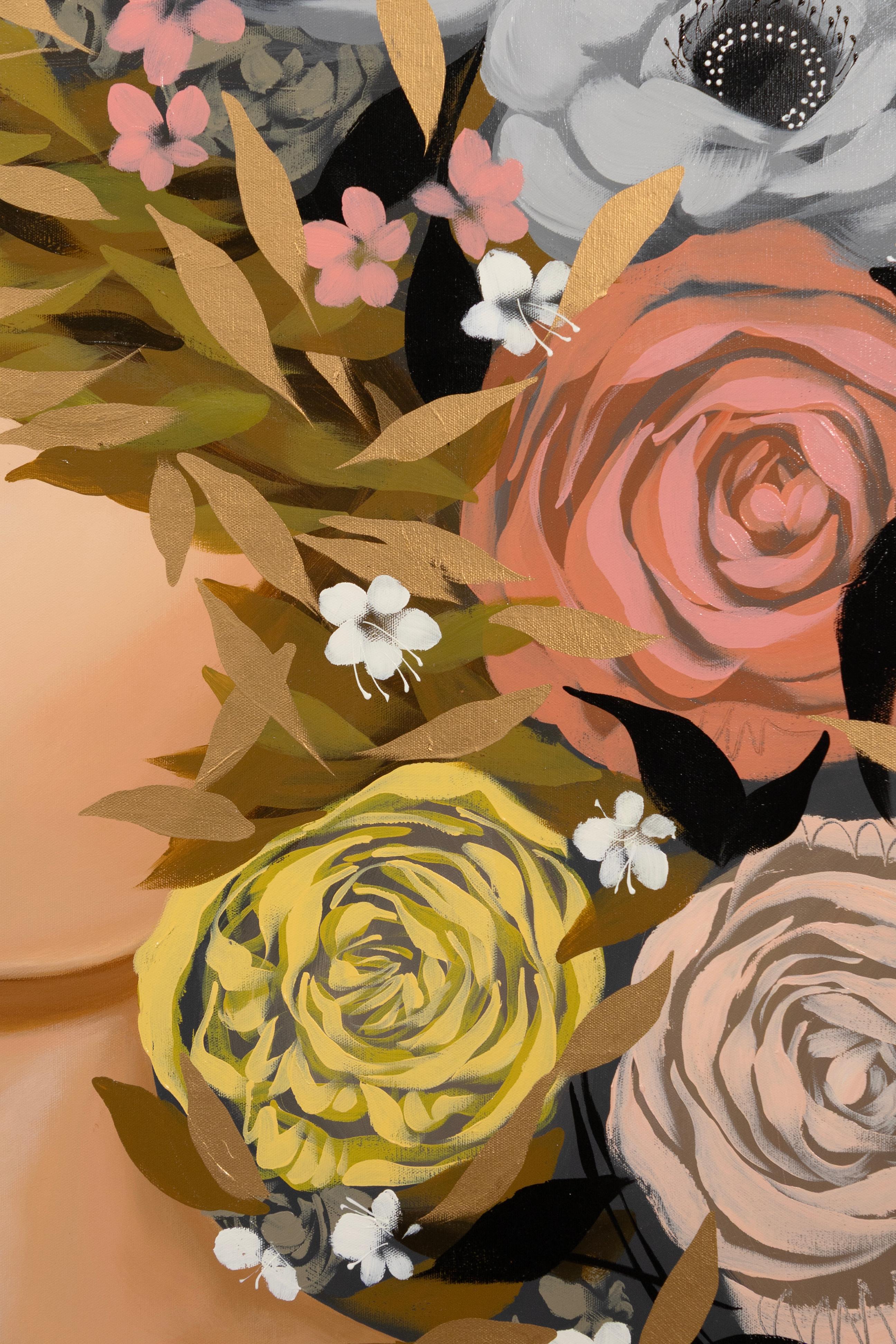 Sally Khoury Eleanor Signed Contemporary Floral Portrait Acrylic on Canvas In condizioni buone in vendita a Keego Harbor, MI