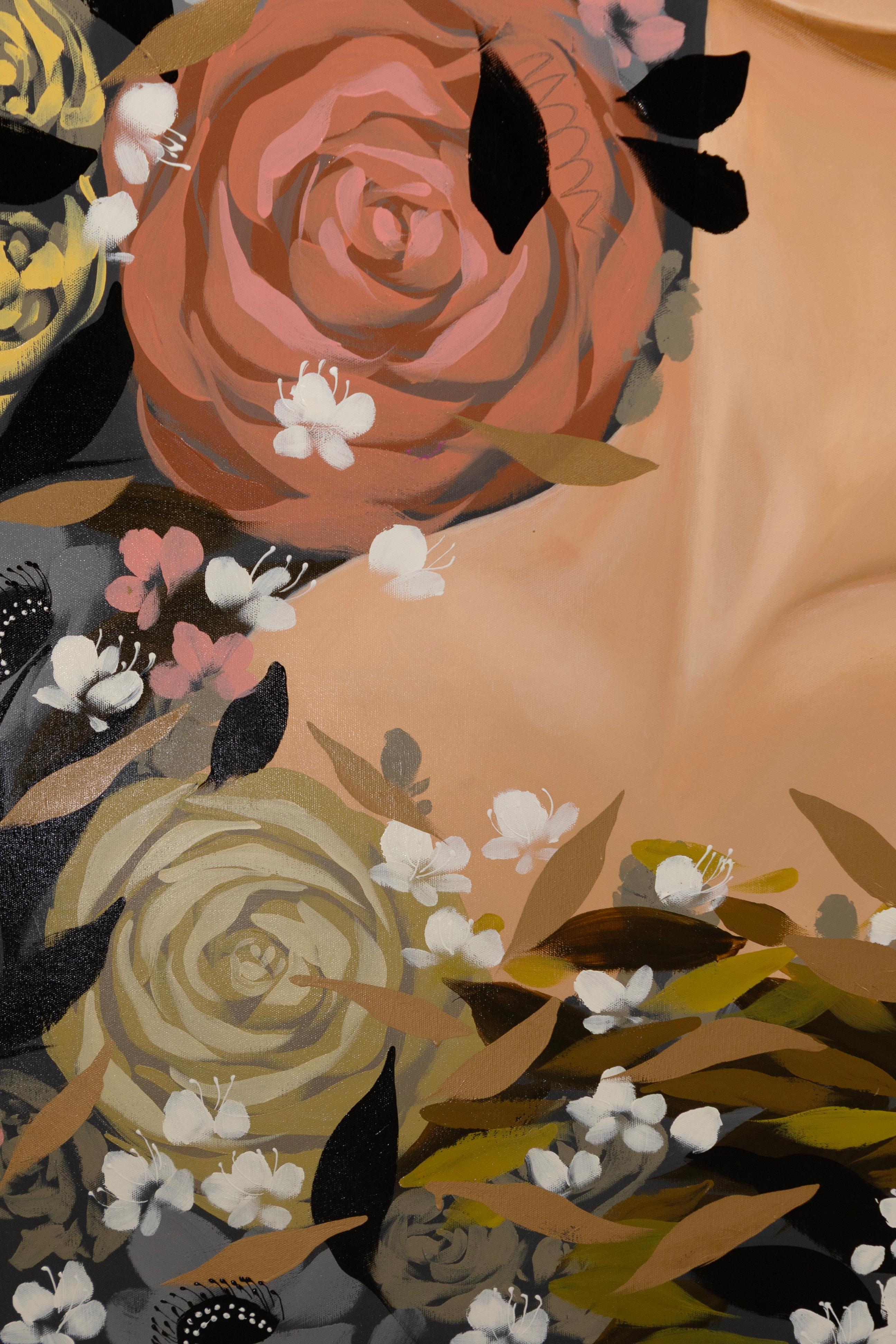 XX secolo Sally Khoury Eleanor Signed Contemporary Floral Portrait Acrylic on Canvas in vendita