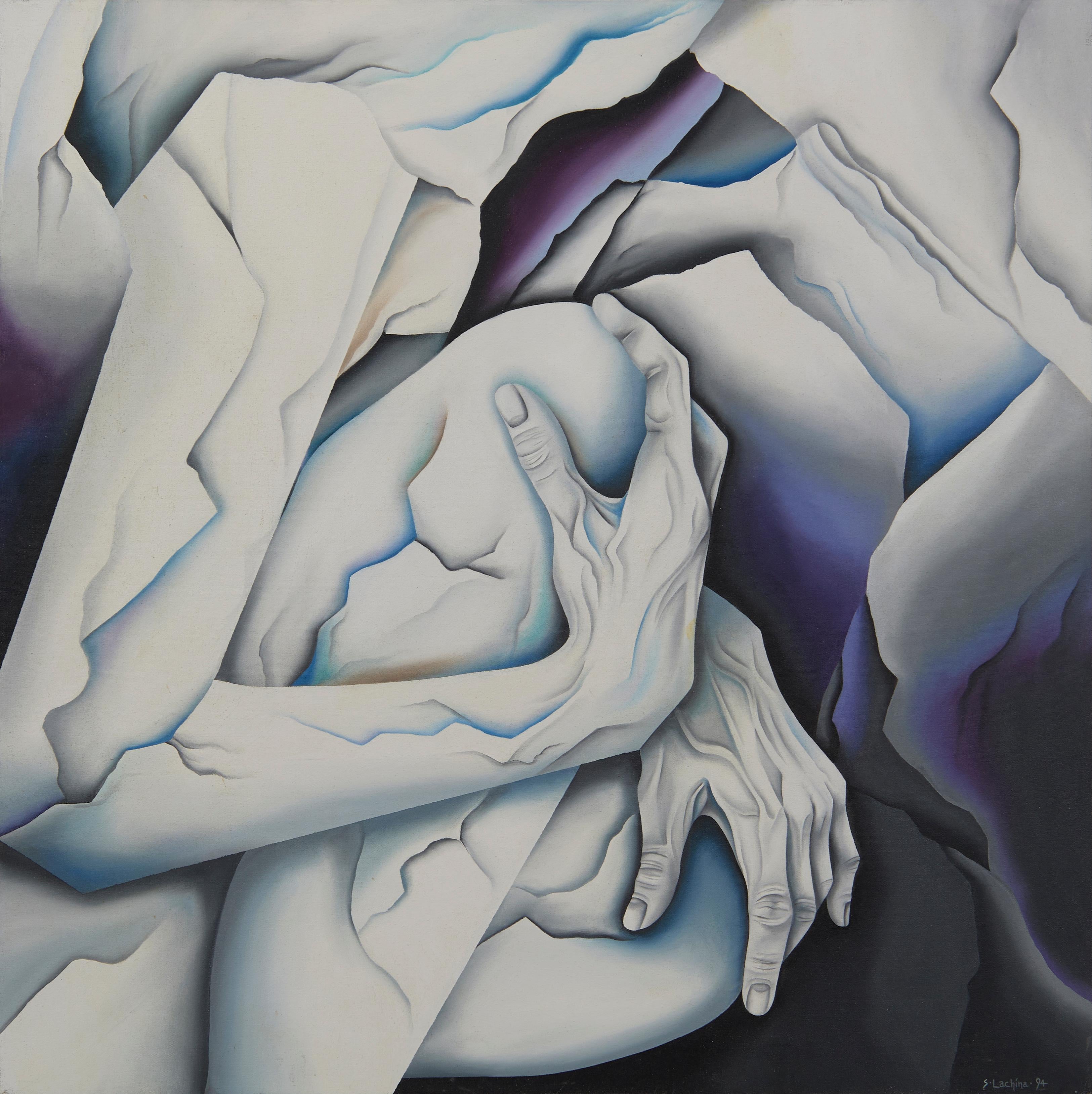 Figurative Painting Sally Lachina - Peinture surréaliste de pierre blanche, fin du 20e siècle, artiste féminine de Cleveland