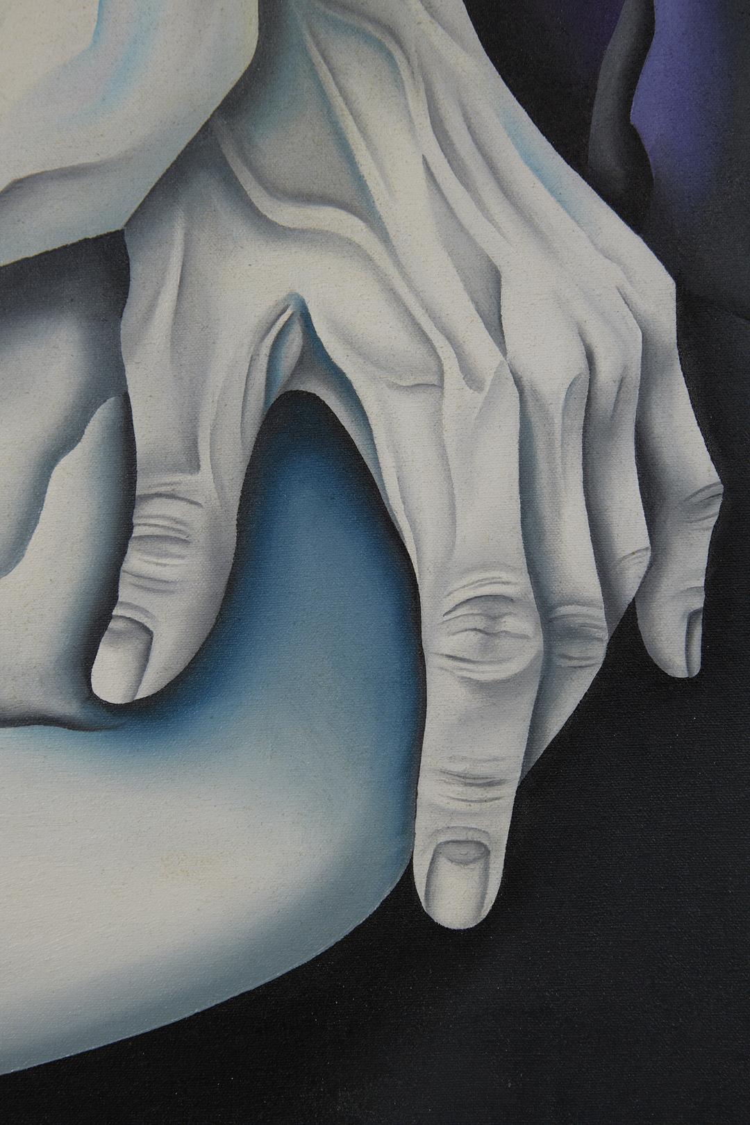 White Stone Surrealist Painting, Late 20th Century, Cleveland Female Artist - Gray Figurative Painting by Sally Lachina