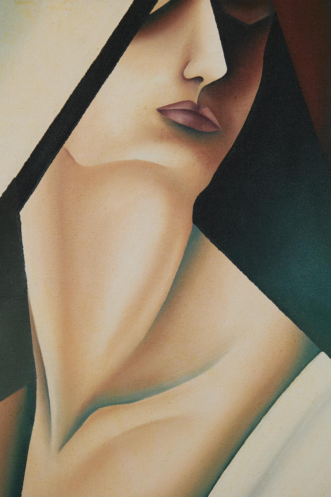 Sally Lachina (estadounidense, siglo XX)
Mujer con caparazón, 1994
Óleo sobre lienzo
Firmado y fechado abajo a la derecha, firmado, fechado y titulado en el verso
48 x 36 pulgadas

Sally Lachina es una artista estadounidense afincada en Cleveland,