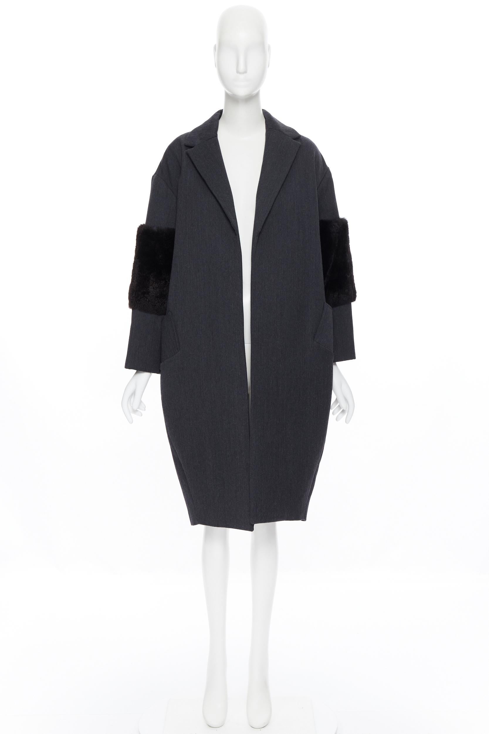 Black SALLY LAPOINTE 2016 grey virgin wool rabbit fur sleeves cocoon over coat US4