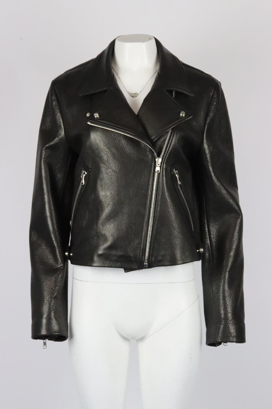 Sally LaPointe faux fur trimmed leather biker jacket. Black. Long sleeve, v-neck. Zip fastening at front. 100% Goatskin leather; lining: 100% silk. Size: US 8 (UK 12, FR 40, IT 44). Shoulder to shoulder: 17 in. Bust: 41.5 in. Waist: 39.8 in. Hips: