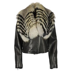 Sally Lapointe Faux Fur Trimmed Leather Biker Jacket Us 8 Uk 12