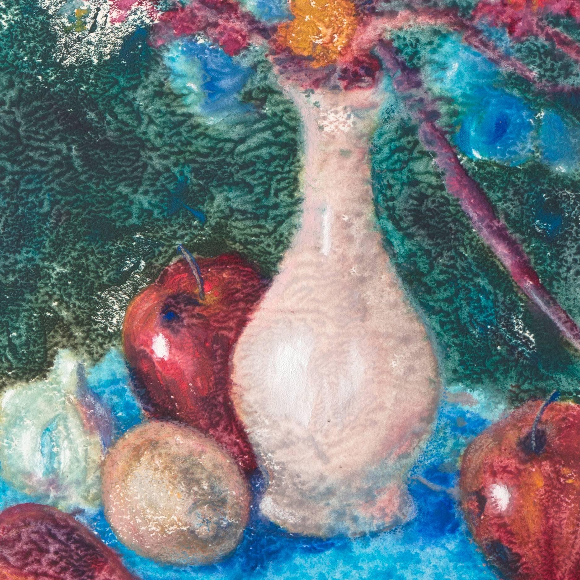 'Apples and Cherry Blossoms', Modernist Still Life - Gray Still-Life Painting by Sally Mack
