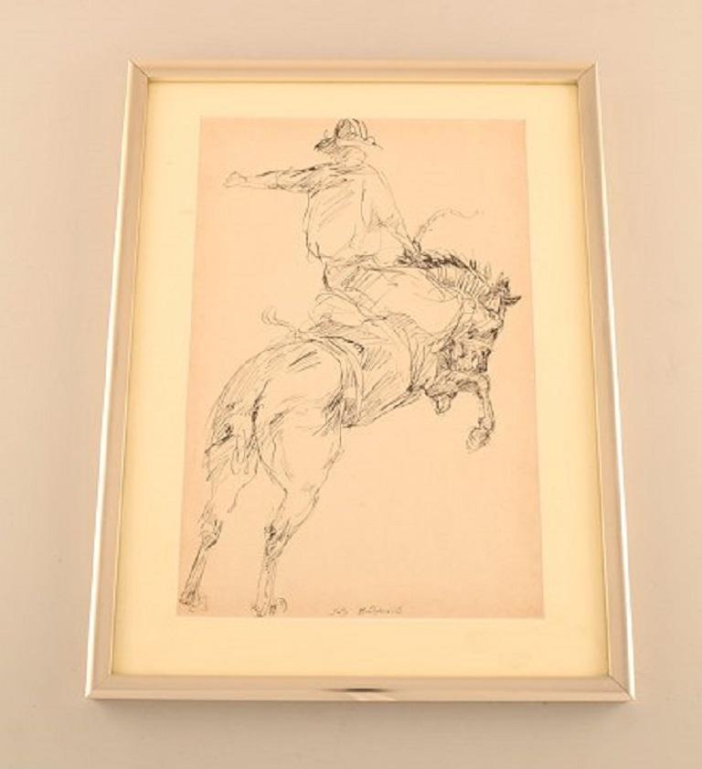 Sally McClymont, Australia. Tusch drawing. Cowboy on horse, late 20th century.
Visible dimensions: 30.5 x 20 cm.
The frame measures 1.5 cm.
Signed.
In very good condition.

  