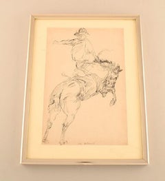 Sally McClymont, Australia, Tusch Drawing, Cowboy on Horse, Late 20th Century