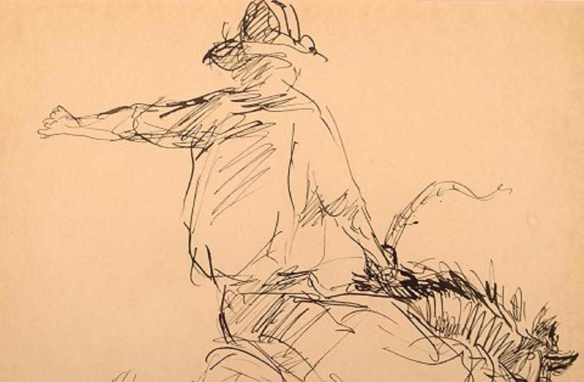 Modern Sally McClymont, Australia, Tusch Drawing, Cowboy on Horse, Late 20th Century