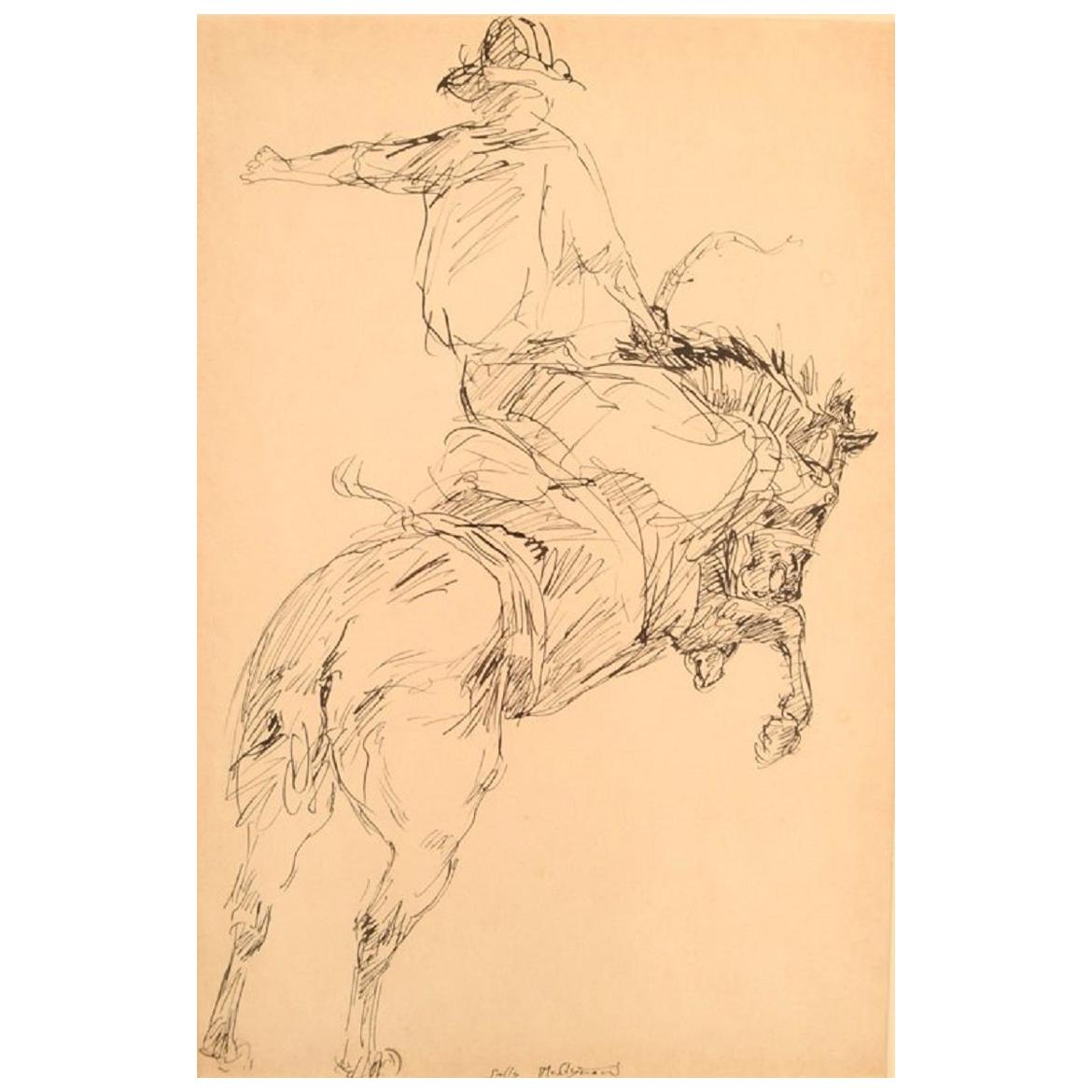 Sally McClymont, Australia, Tusch Drawing, Cowboy on Horse, Late 20th Century
