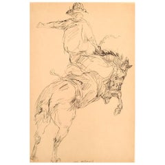 Sally McClymont, Australia, Tusch Drawing, Cowboy on Horse, Late 20th Century