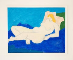 "Woman Recumbent" Sally Michel Avery, Vibrant Blue, Modernist Nude, Interior