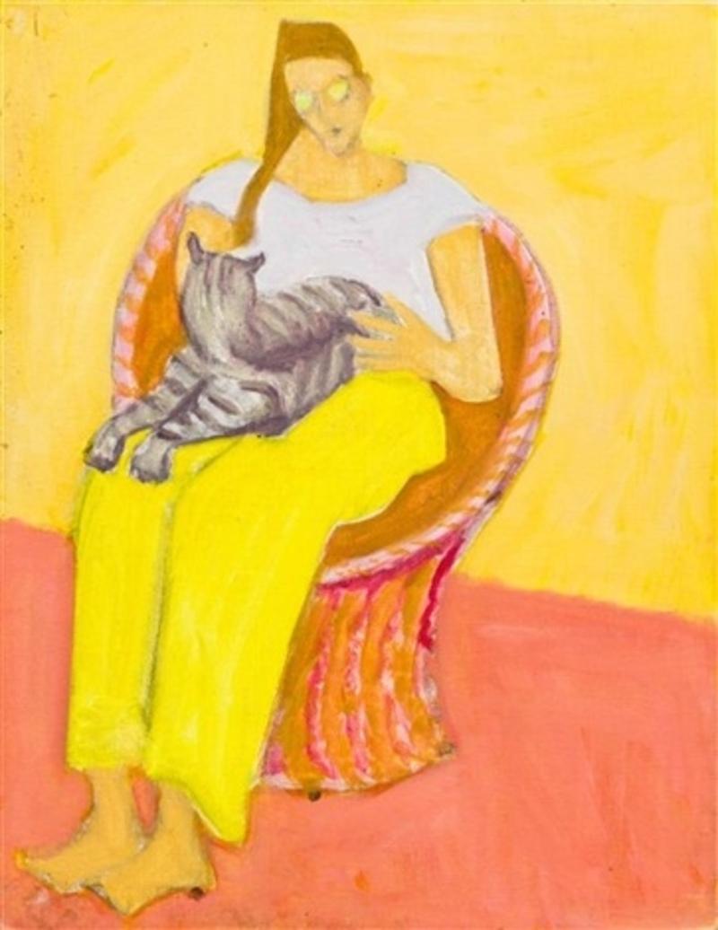 Sally Michel-Avery Animal Painting – „Frau mit Katze“ Figurative weibliche Figur mit Kitten:: amerikanische Moderne