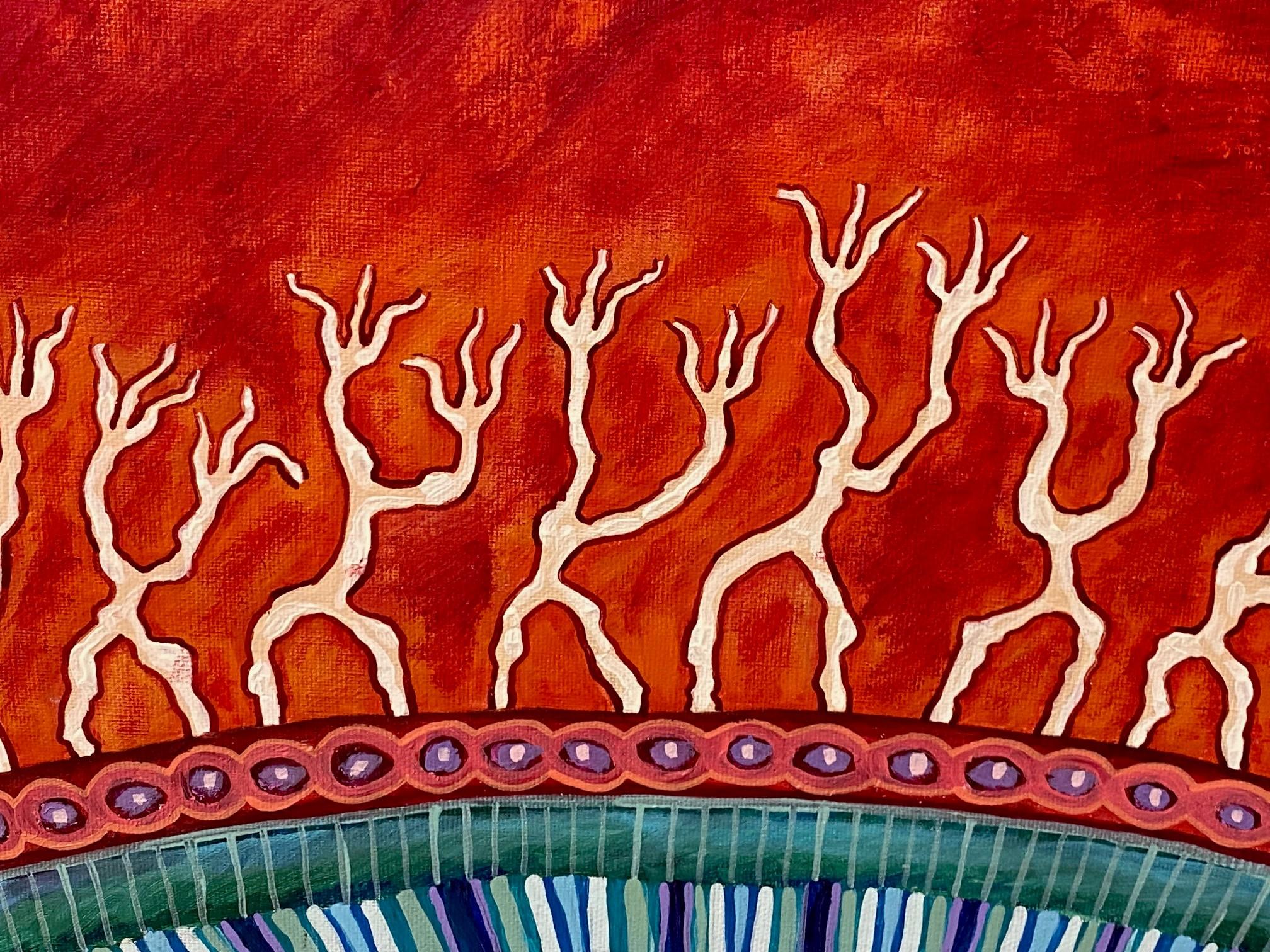 Sally Morgan Firmado Arte aborigen australiano Pintura original Bar de mármol Piscina finales del siglo XX en venta