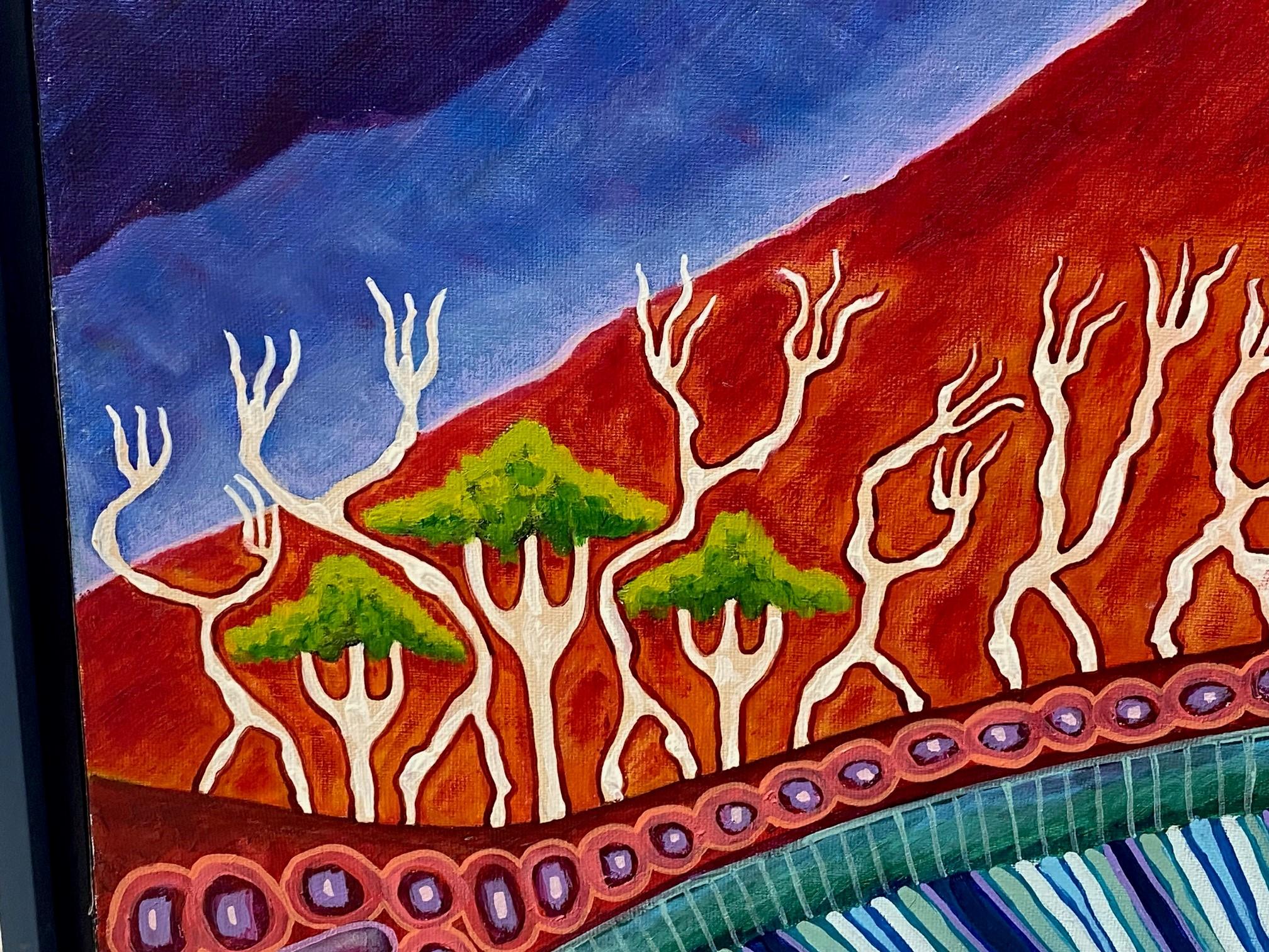 Sally Morgan Firmado Arte aborigen australiano Pintura original Bar de mármol Piscina Lienzo en venta
