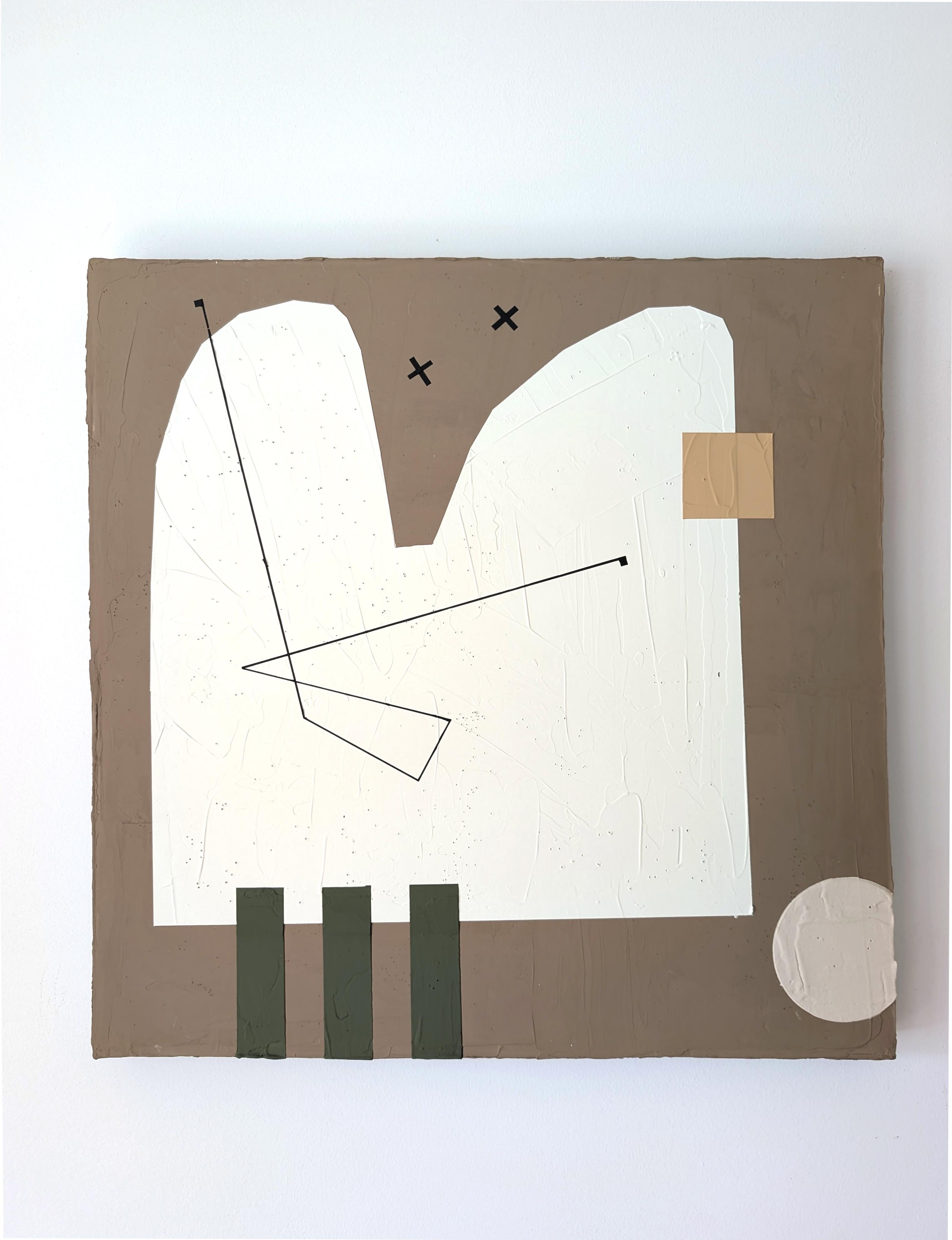 <p>Commenti dell'artista<br>Una forma astratta bianca domina il centro della composizione. Linee e forme geometriche si disperdono nella scena, aggiungendo un senso di equilibrio e ritmo. L'artista Sally Morris Clark ha utilizzato una miscela