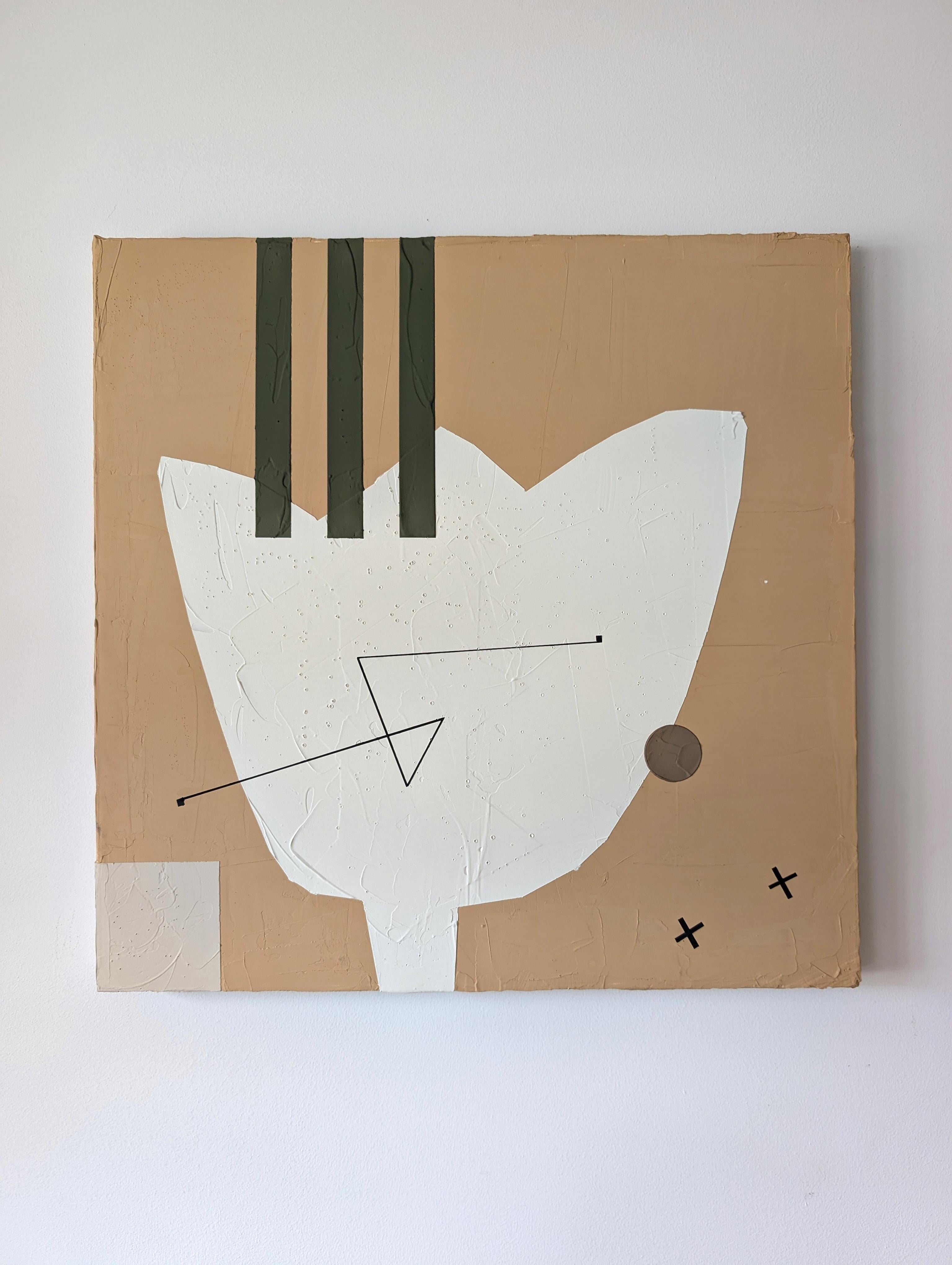 <p>Commentaires de l'artiste<br>Une forme en forme de tulipe émerge d'un fond beige chaud. Trois barres verticales partent du haut des pétales, tandis que des lignes nettes et un petit cercle marron flottent dans le bas. Deux petites croix et un