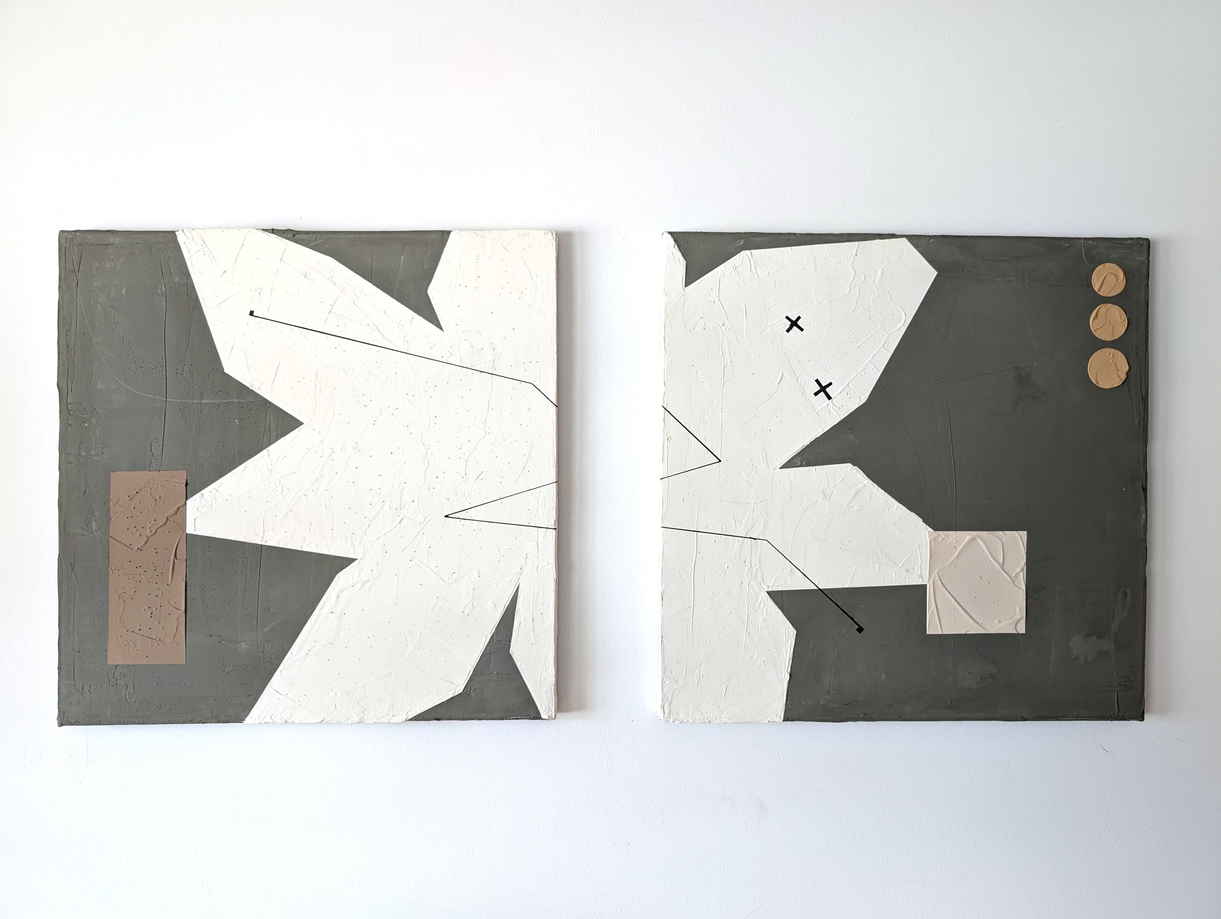<p>Artistics Comments<br>Une étoile blanche à huit branches traverse deux panneaux gris. Ce diptyque fait partie de la série de l'artiste Sally Morris Clark, qui représente des éléments de la nature à travers des formes simples et des couleurs