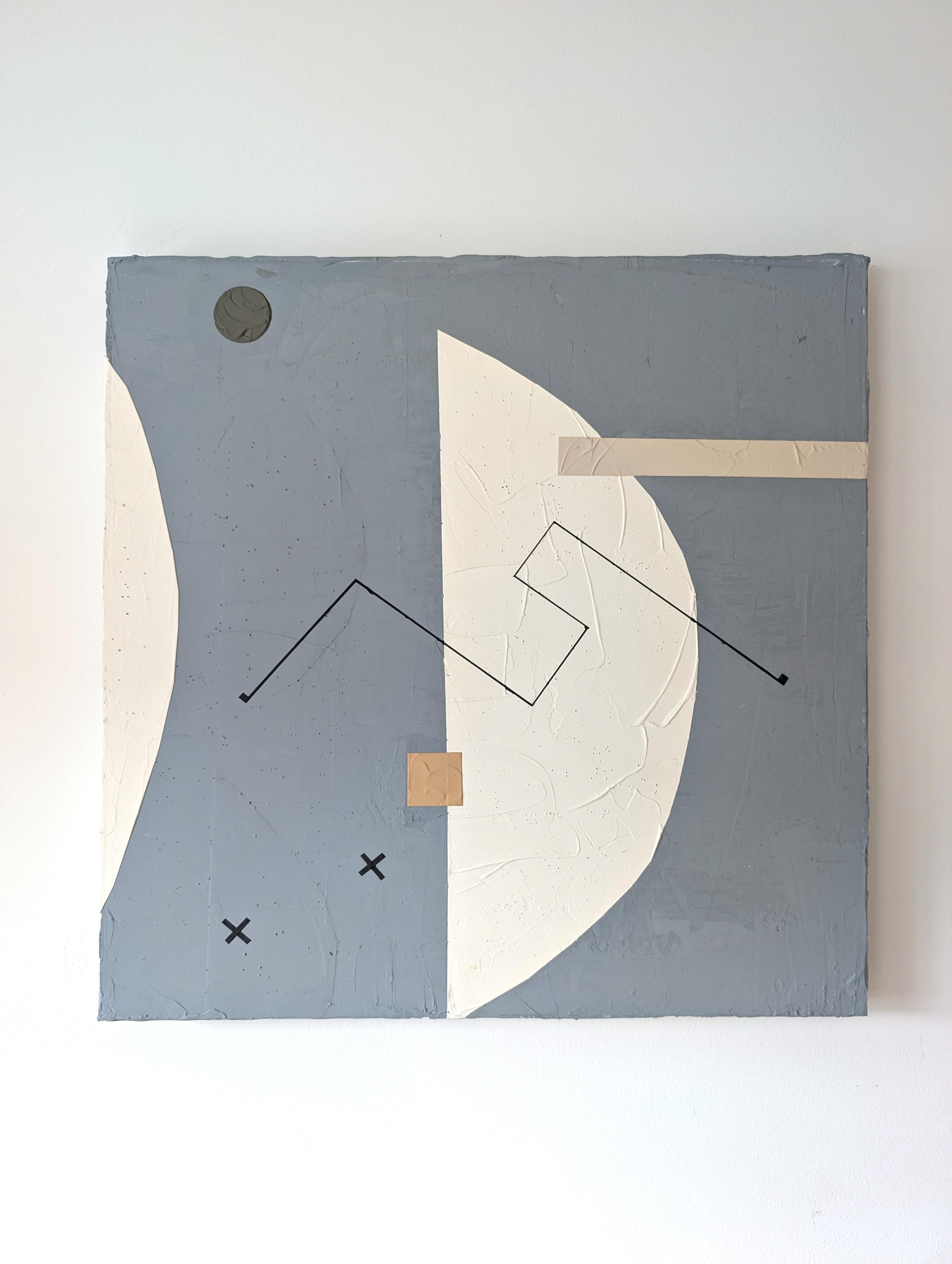 <p>Artist Comments<br>A half moon dominates the center of this abstract composition. A beige rectangle, a brown square, a gray circle, and two black Xs add balance and rhythm to the piece. Motion exudes from a line zigzaging through the scene. This