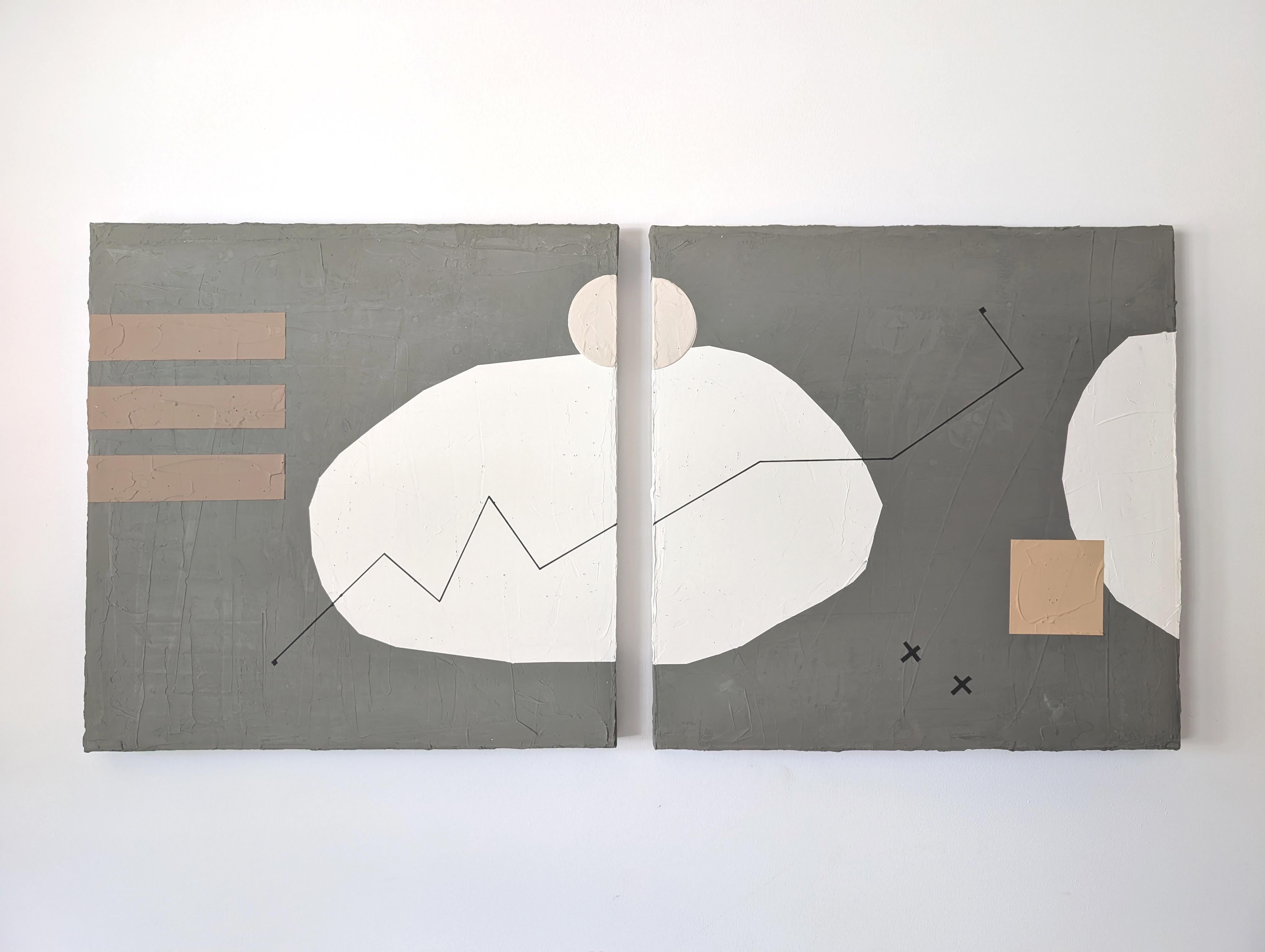 <p>Artist Comments<br>Organic and geometric shapes depict stones split across a diptych. A graphic line runs through the panels, adding contrast and rhythm. Artist Sally Morris Clark used a blend of plaster and paint to create this piece. Each panel