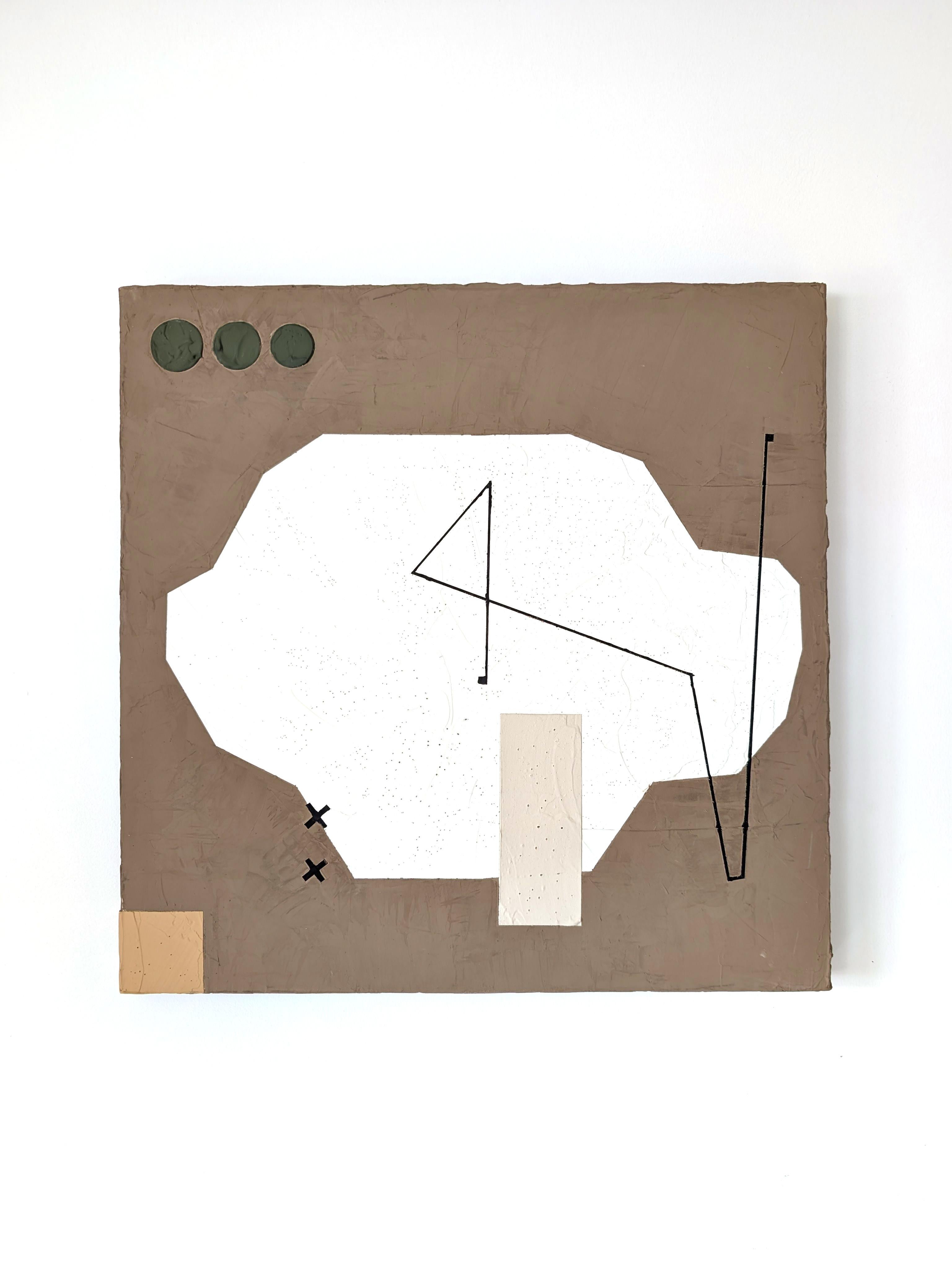 <p>Artistics Comments<br>Une forme abstraite blanche, des formes géométriques et des lignes se croisent sur un fond marron. L'artiste Sally Morris Clark a peint et sculpté l'œuvre en utilisant de l'argile romaine, un hybride durable entre la