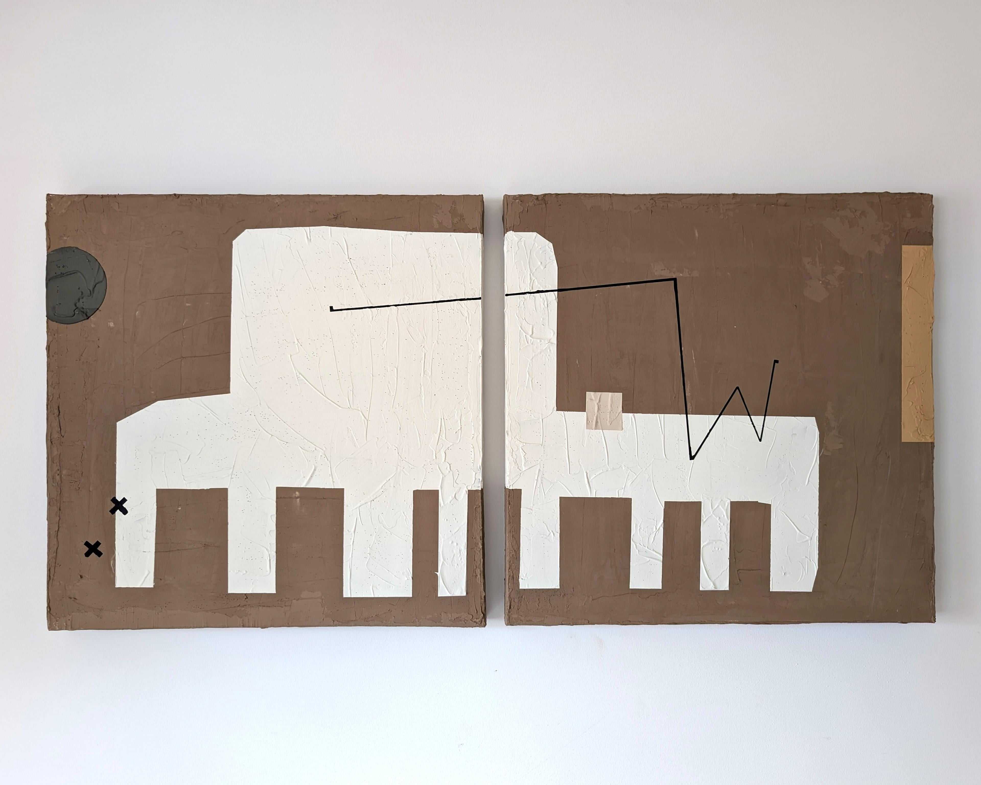 <p>Artist Comments<br>A diptych portrays an octopus through organic shapes and graphic forms. The brown background creates a striking contrast against the white sea creature. Made with a mixture of paint and plaster, the artwork has a tactile