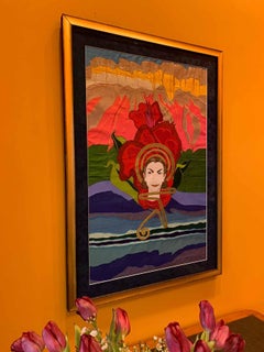 Georgia O'Keefe (Materials: Silk/Satin/Sequins Wood, matted, museum glass)