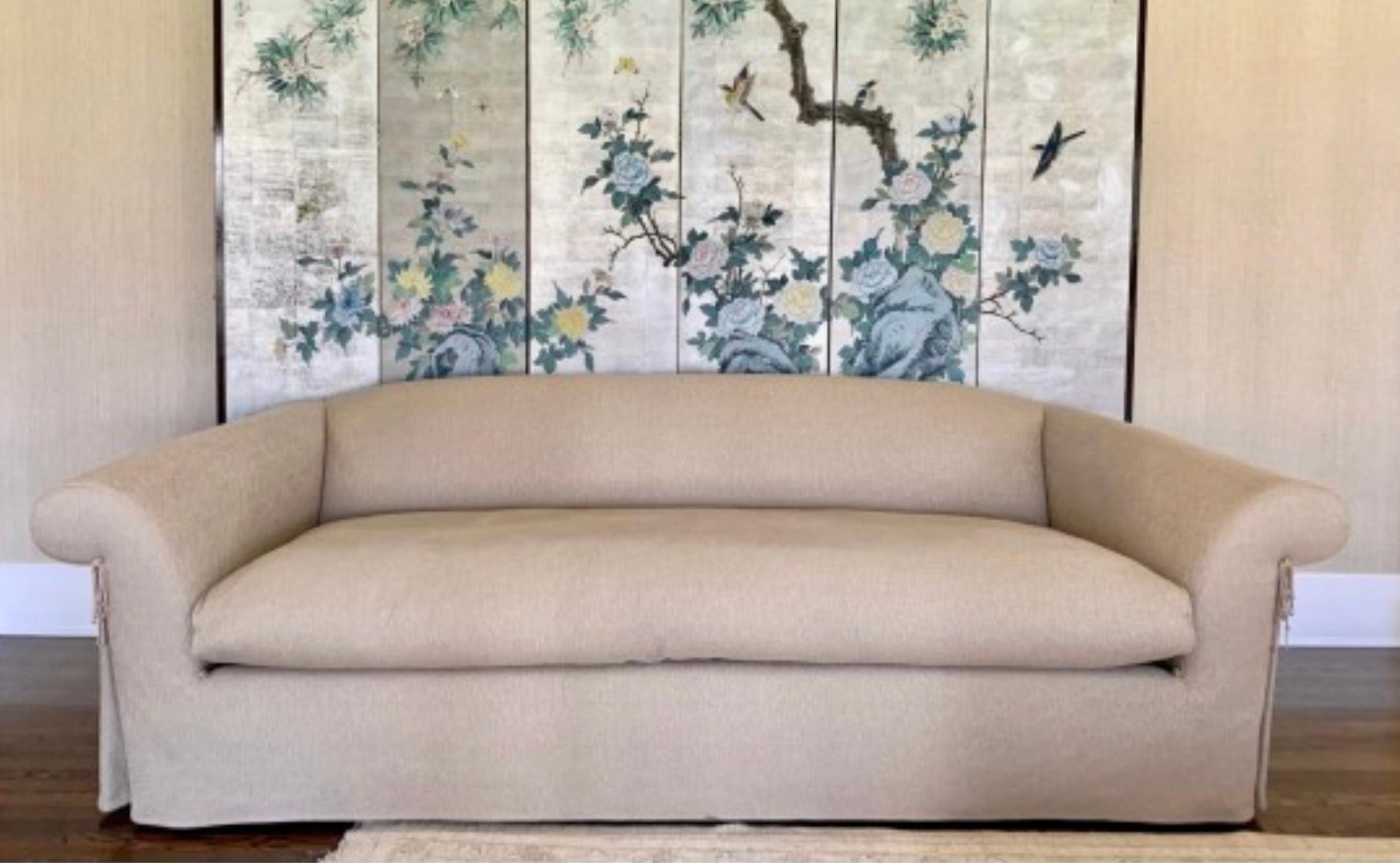 Designed by Sally Sirkin Lewis for J. Robert Scott, Josephine sofa, taupe wool tweed, round-back minimal, chic design. MSRP over 8500 USD 

Tight back, splayed arm
Single waterfall seat cushion:
WGD/Feather wrap over springs
Skirt from under arm,
