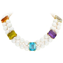 Sally & Scully Multicolor Gemstone & Pearl Necklace with 18k Yellow Gold
