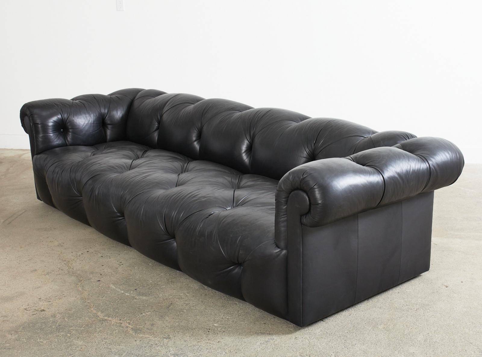 American Sally Sirkin Lewis Black Leather Chesterfield Tufted Sofa