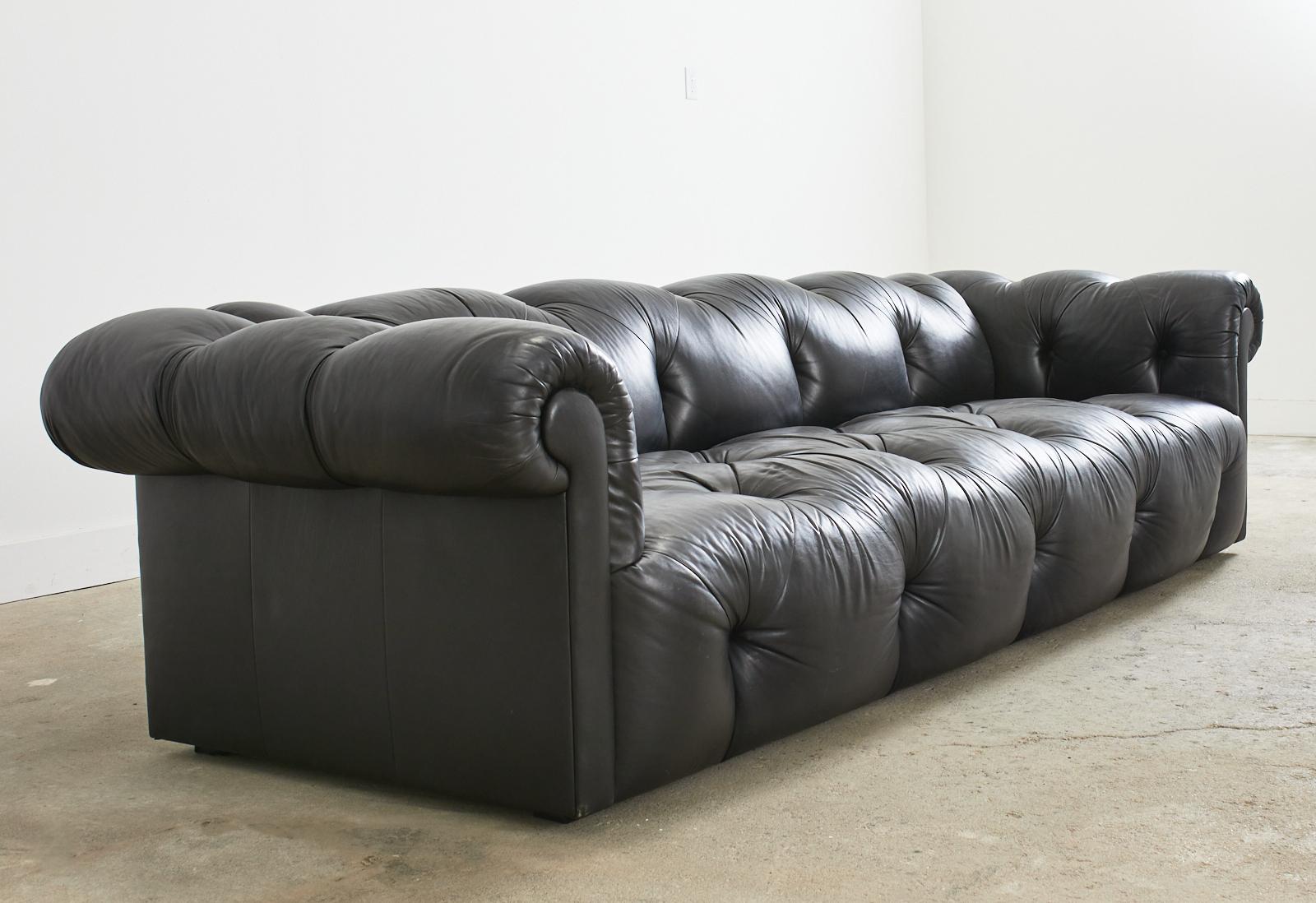 Sally Sirkin Lewis Black Leather Chesterfield Tufted Sofa In Good Condition In Rio Vista, CA