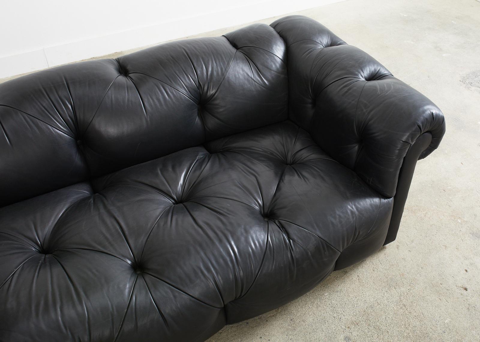 Sally Sirkin Lewis Black Leather Chesterfield Tufted Sofa 1