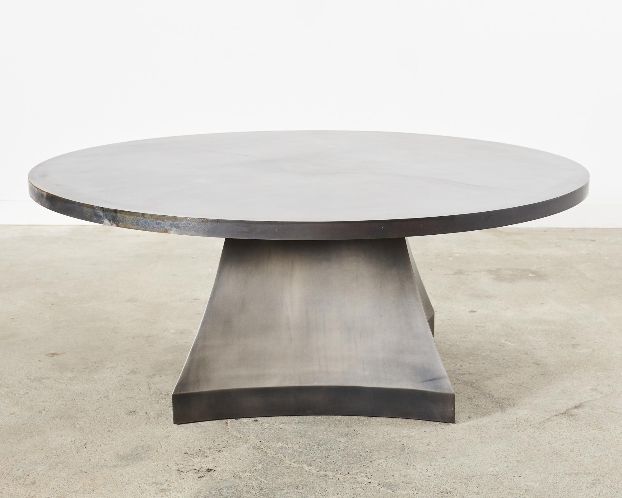 Hand-Crafted Sally Sirkin Lewis Round Iron Pedestal Dining Center Table  For Sale