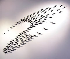 "On Dusk 12" bronze sculptural wall installation of murmuring birds