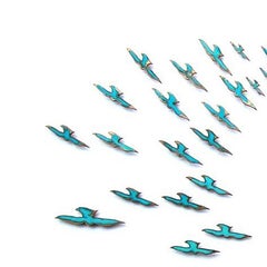"On Dusk 19" Sculptural Wall Installation of Flock of Birds in Green Patina