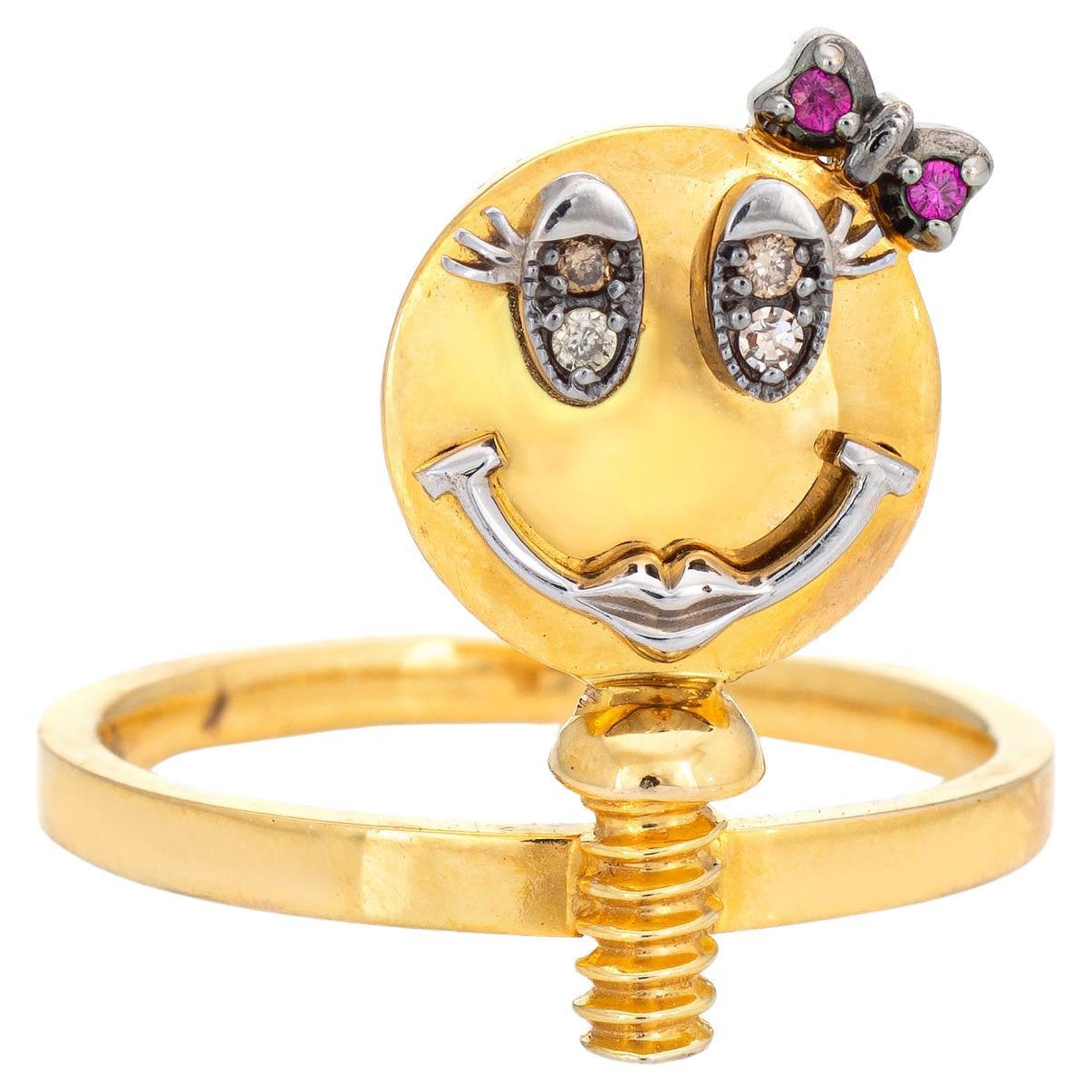 Sally Sohn Happy Face Ring Diamond Ruby Sz 5.25 Estate Fine Signed Jewelry For Sale