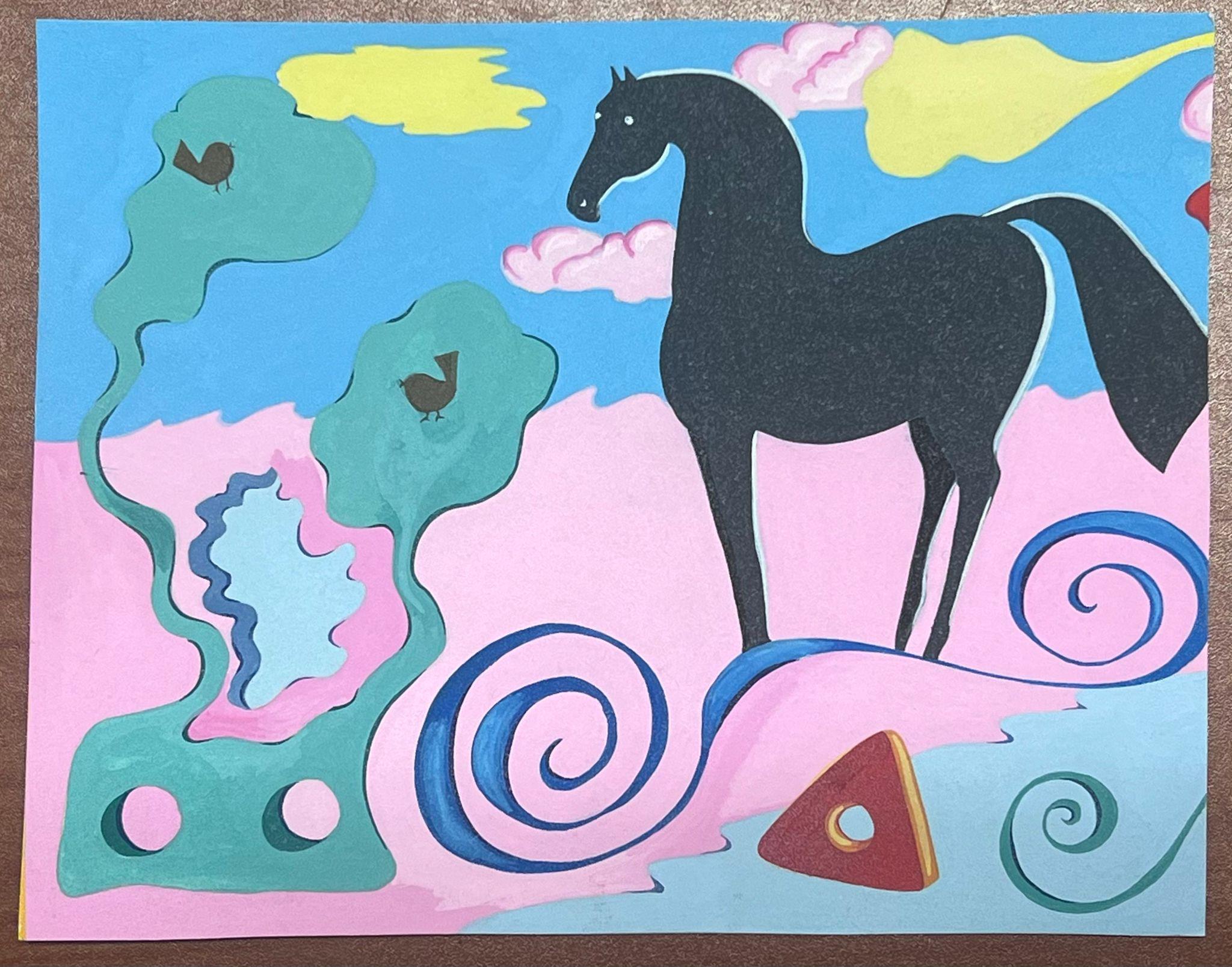 Pittura astratta britannica contemporanea originale Cavallo nero Paesaggio fantastico - Painting di Sally Vaughan