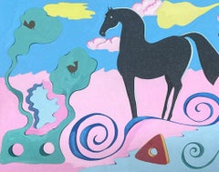 Vintage Contemporary British Abstract Original Painting Black Horse Fantasy Landscape