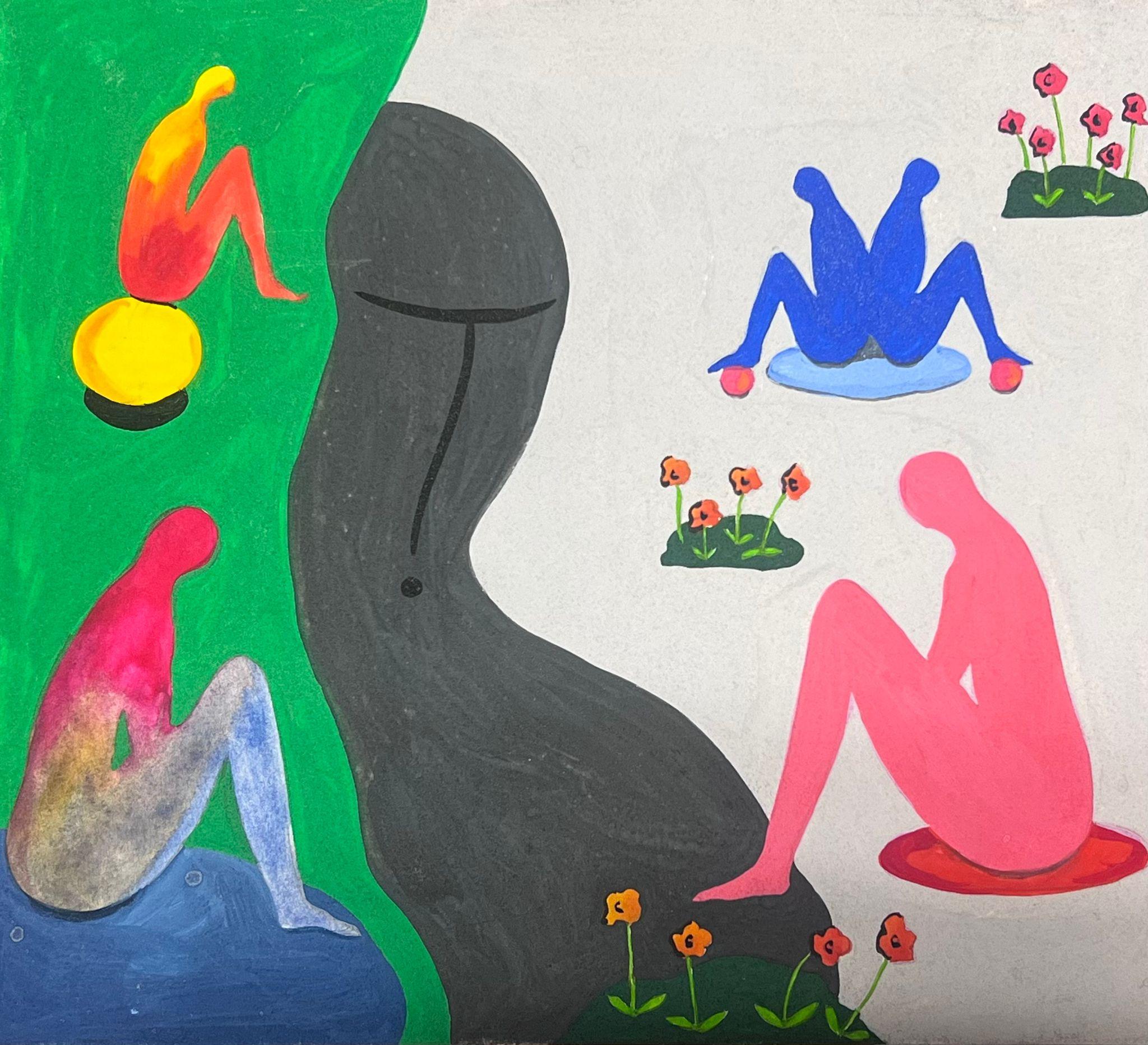 Figurative Painting di Sally Vaughan - Pittura astratta britannica contemporanea originale Figure colorate