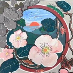 Pittura astratta britannica contemporanea originale Fiori Farfalla Paesaggio