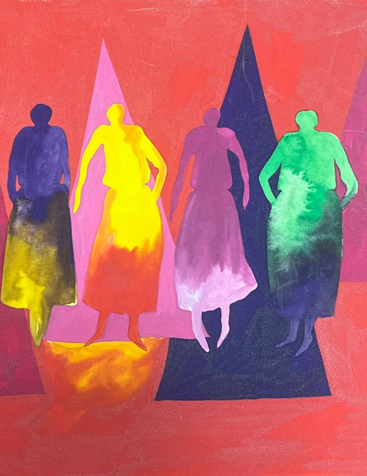 Sally Vaughan Figurative Painting - Contemporary British Abstract Original Painting Four Walking Figures