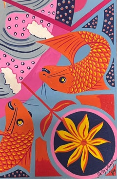Contemporary British Abstract Original Painting Gold Fish Wall Paper Design